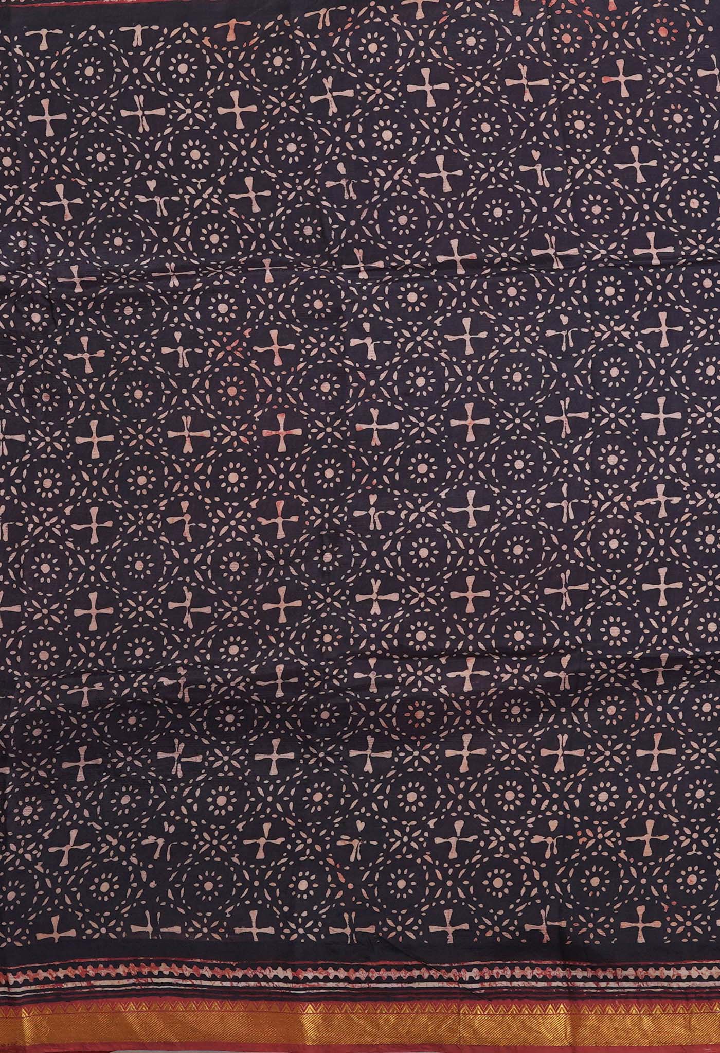 Black-Maroon Pure Ajrakh Printed Soft Silk Saree-UNM82299
