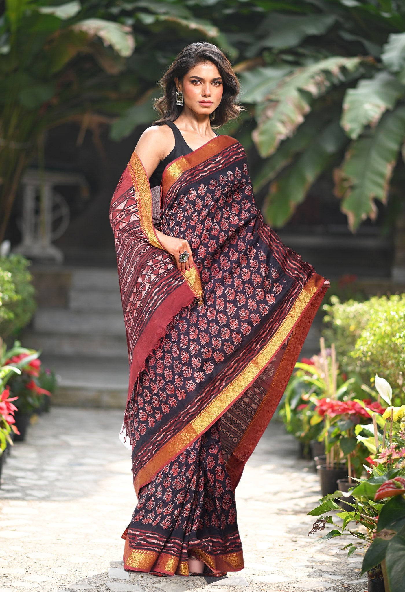 Black-Maroon Pure Ajrakh Printed Soft Silk Saree-UNM82300