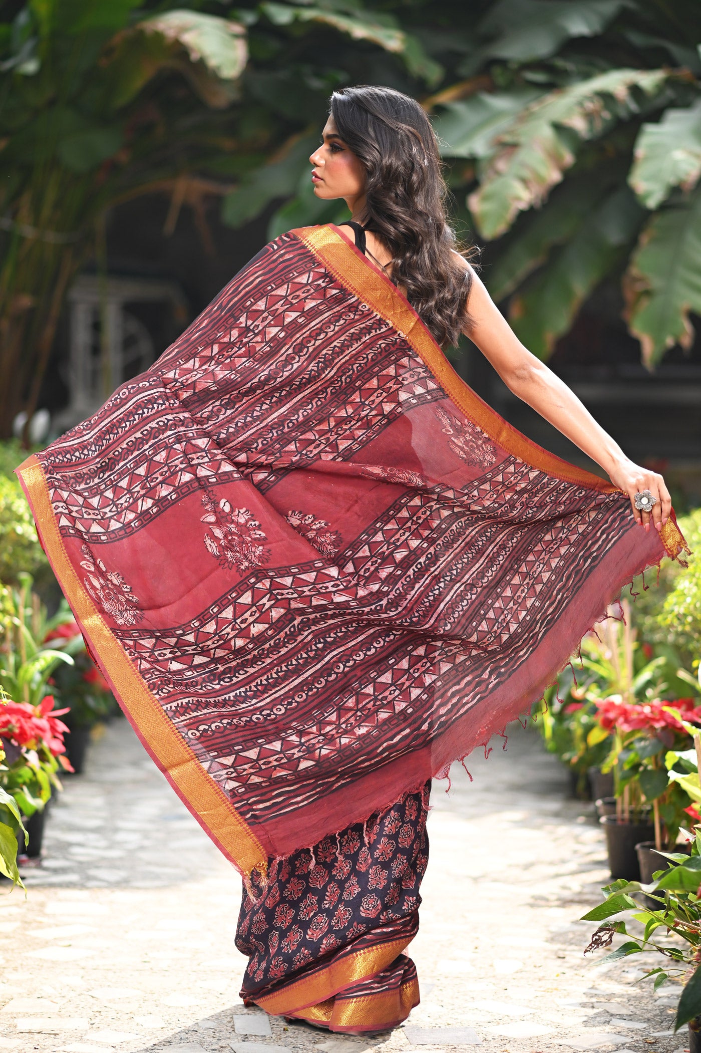 Black-Maroon Pure Ajrakh Printed Soft Silk Saree-UNM82300
