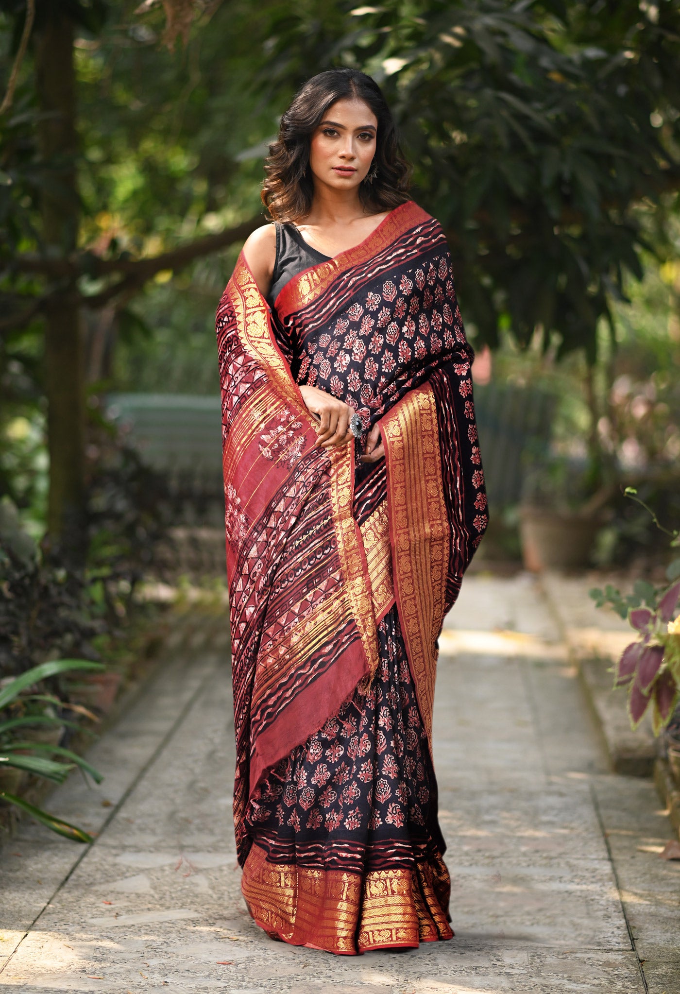 Black-Maroon Pure Ajrakh Printed Soft Silk Saree-UNM82301