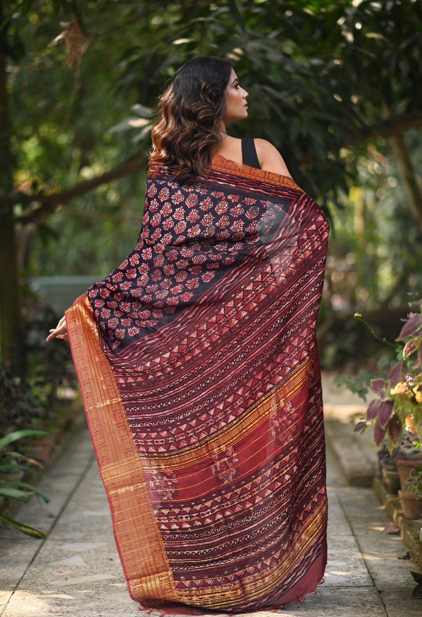 Black-Maroon Pure Ajrakh Printed Soft Silk Saree-UNM82301