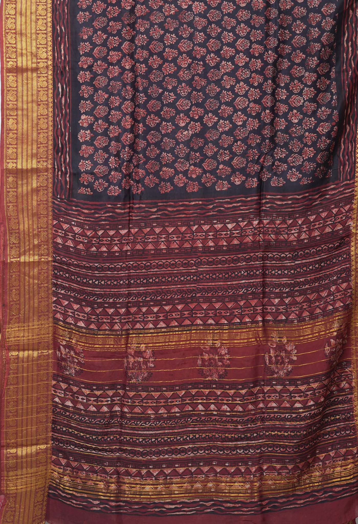 Black-Maroon Pure Ajrakh Printed Soft Silk Saree-UNM82301