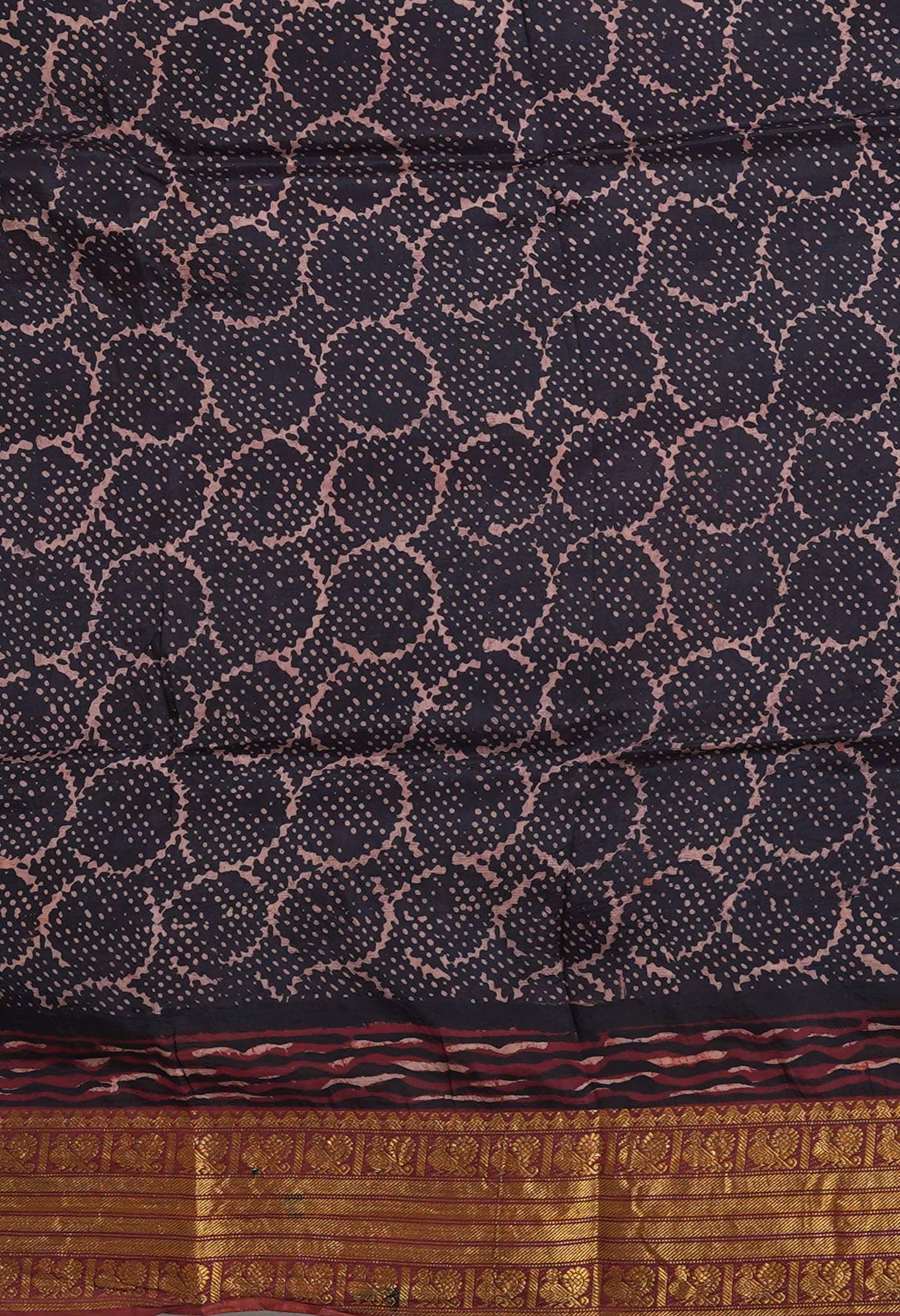 Black-Maroon Pure Ajrakh Printed Soft Silk Saree-UNM82301
