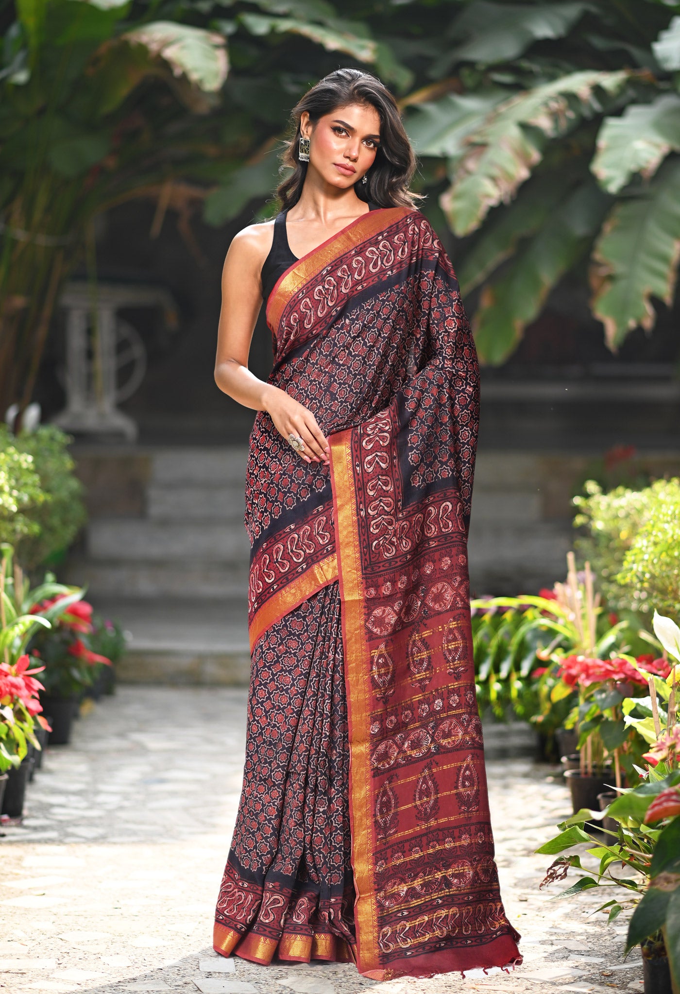 Black-Maroon Pure Ajrakh Printed Soft Silk Saree-UNM82302