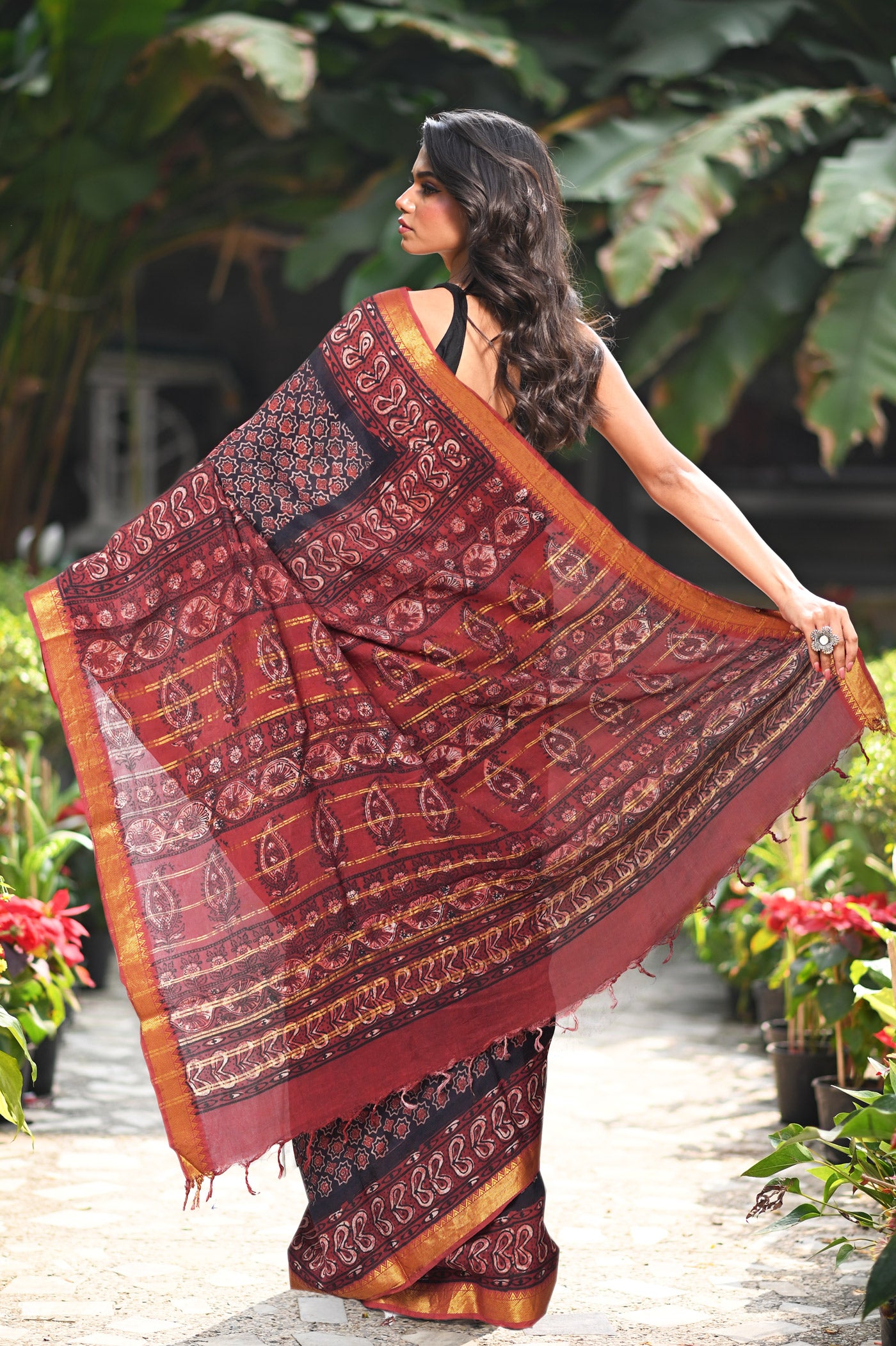 Black-Maroon Pure Ajrakh Printed Soft Silk Saree-UNM82302