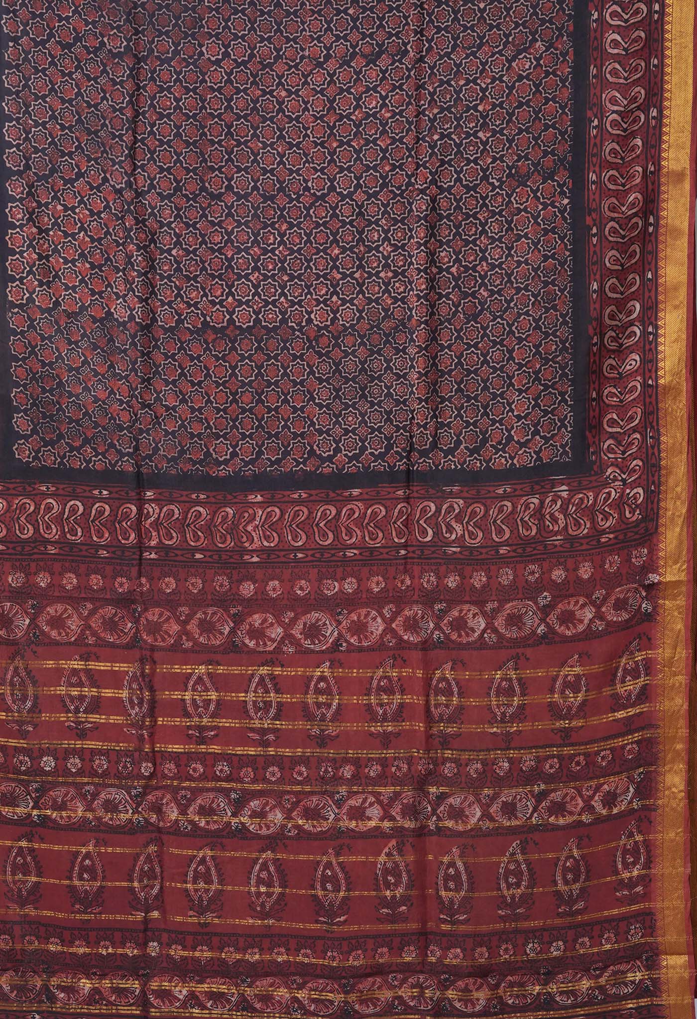 Black-Maroon Pure Ajrakh Printed Soft Silk Saree-UNM82302