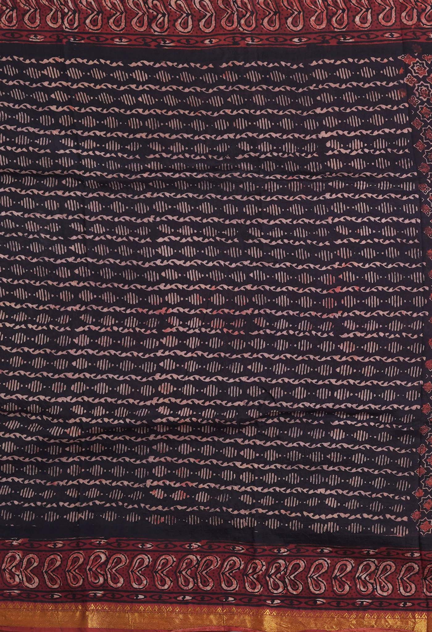Black-Maroon Pure Ajrakh Printed Soft Silk Saree-UNM82302