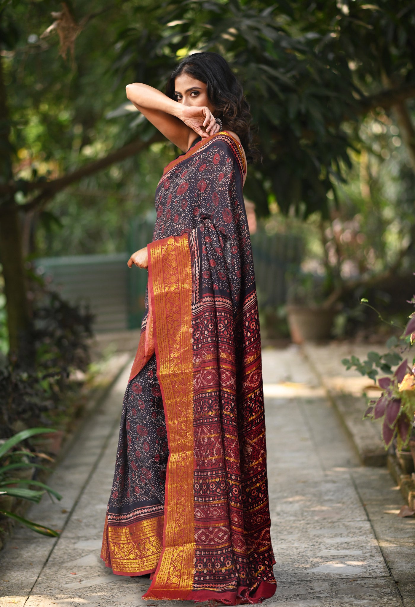 Black-Maroon Pure Ajrakh Printed Soft Silk Saree-UNM82304