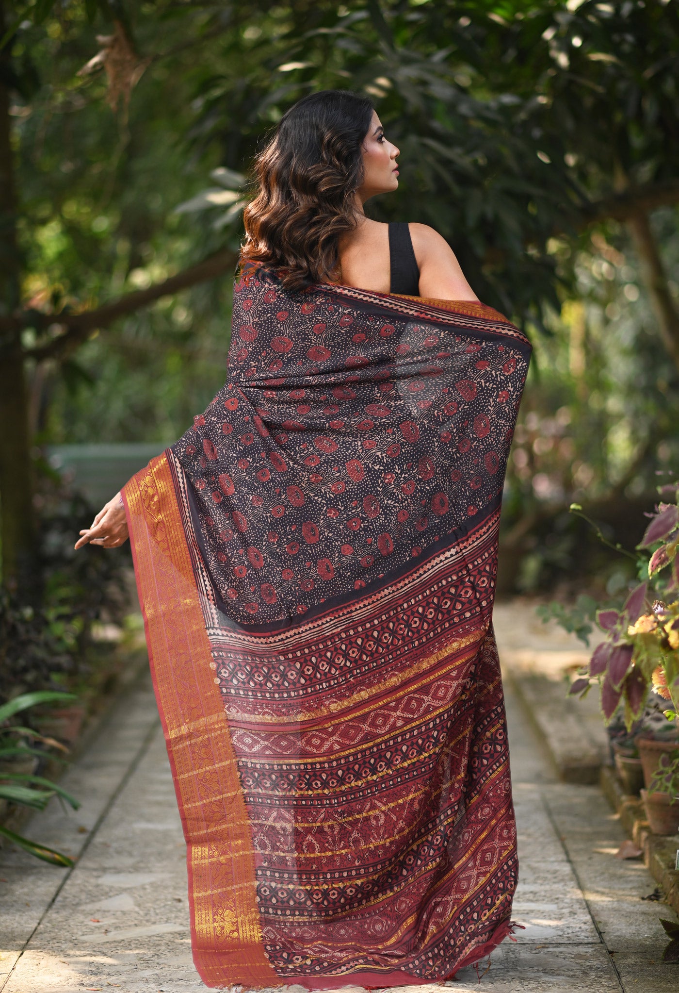 Black-Maroon Pure Ajrakh Printed Soft Silk Saree-UNM82304