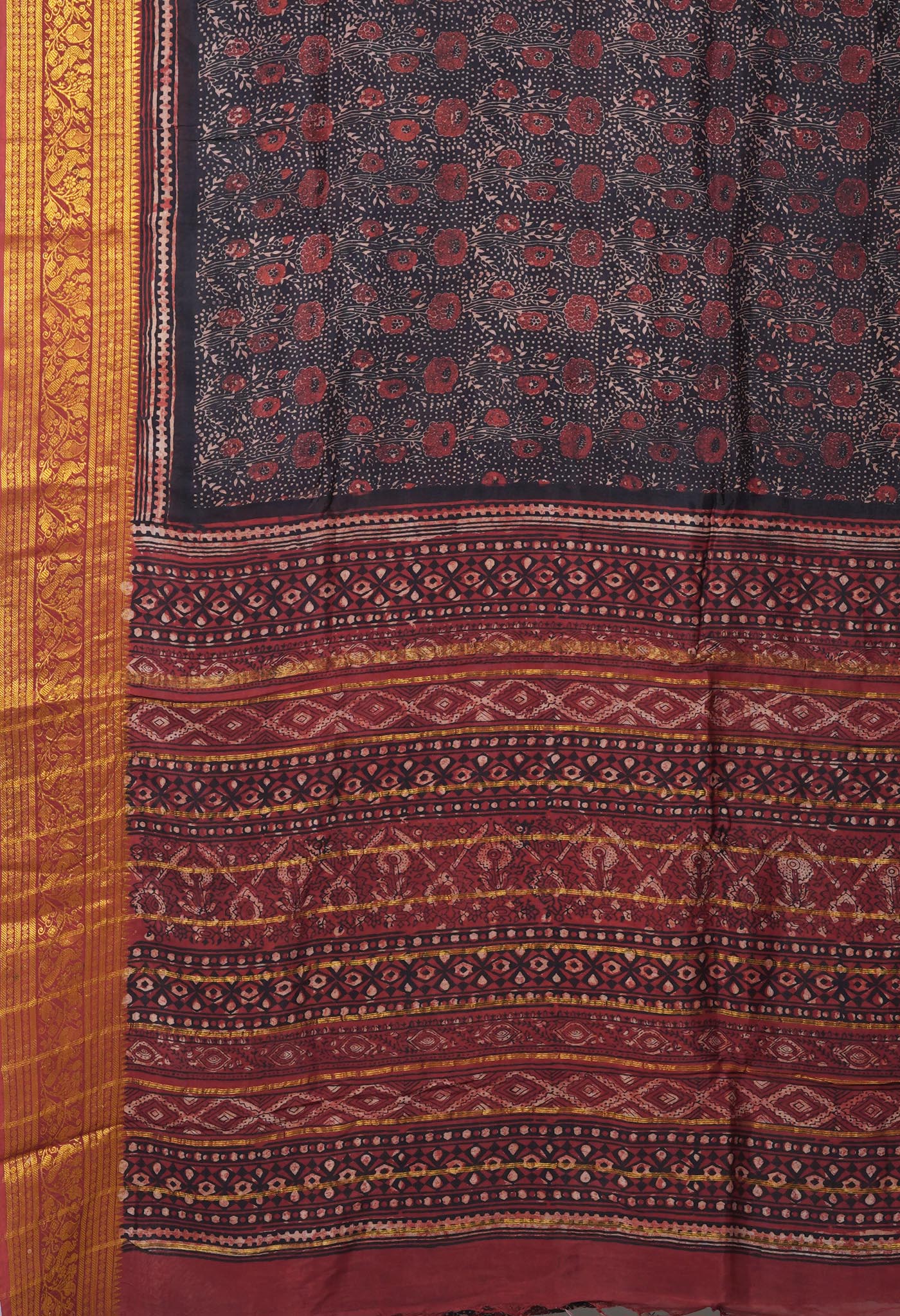 Black-Maroon Pure Ajrakh Printed Soft Silk Saree-UNM82304