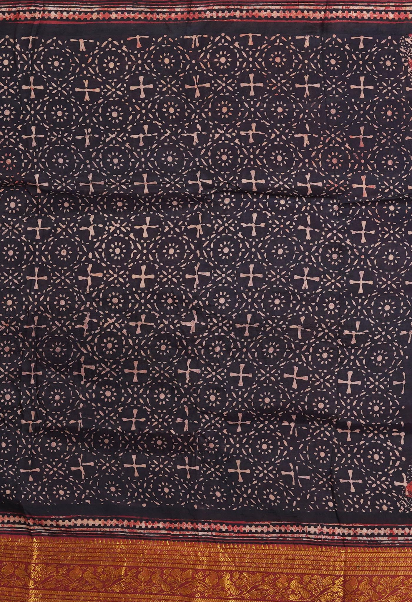 Black-Maroon Pure Ajrakh Printed Soft Silk Saree-UNM82304