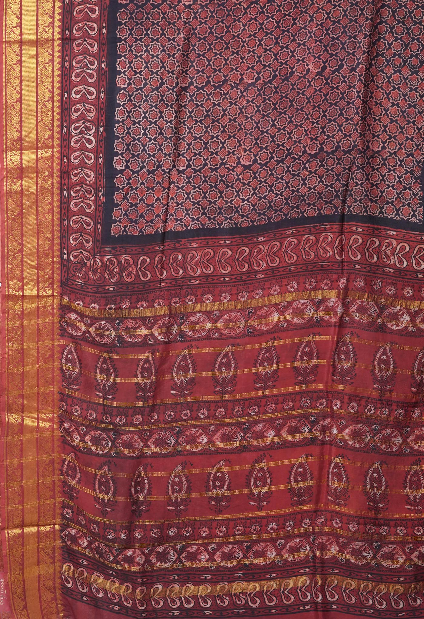 Black-Maroon Pure Ajrakh Printed Soft Silk Saree-UNM82306