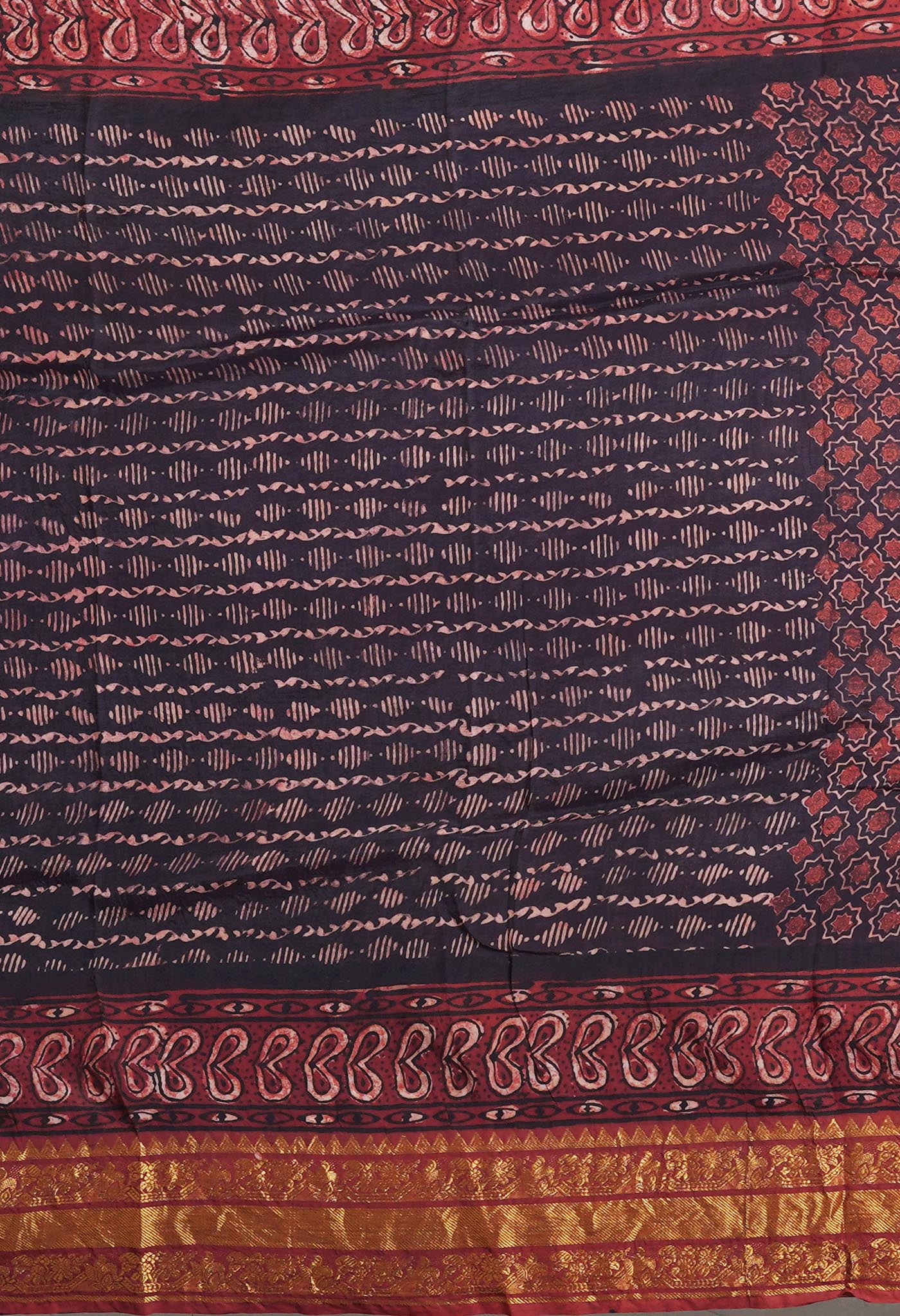 Black-Maroon Pure Ajrakh Printed Soft Silk Saree-UNM82306