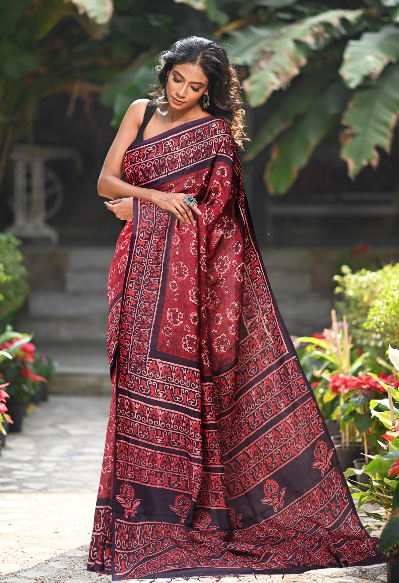 Maroon-Black Pure Ajrakh Printed Soft Silk Saree-UNM82310