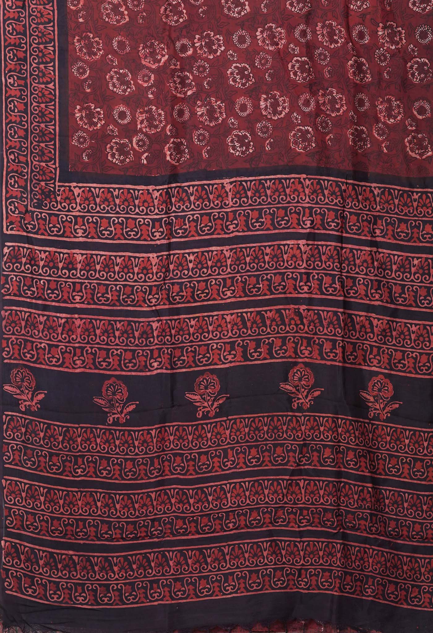 Maroon-Black Pure Ajrakh Printed Soft Silk Saree-UNM82310