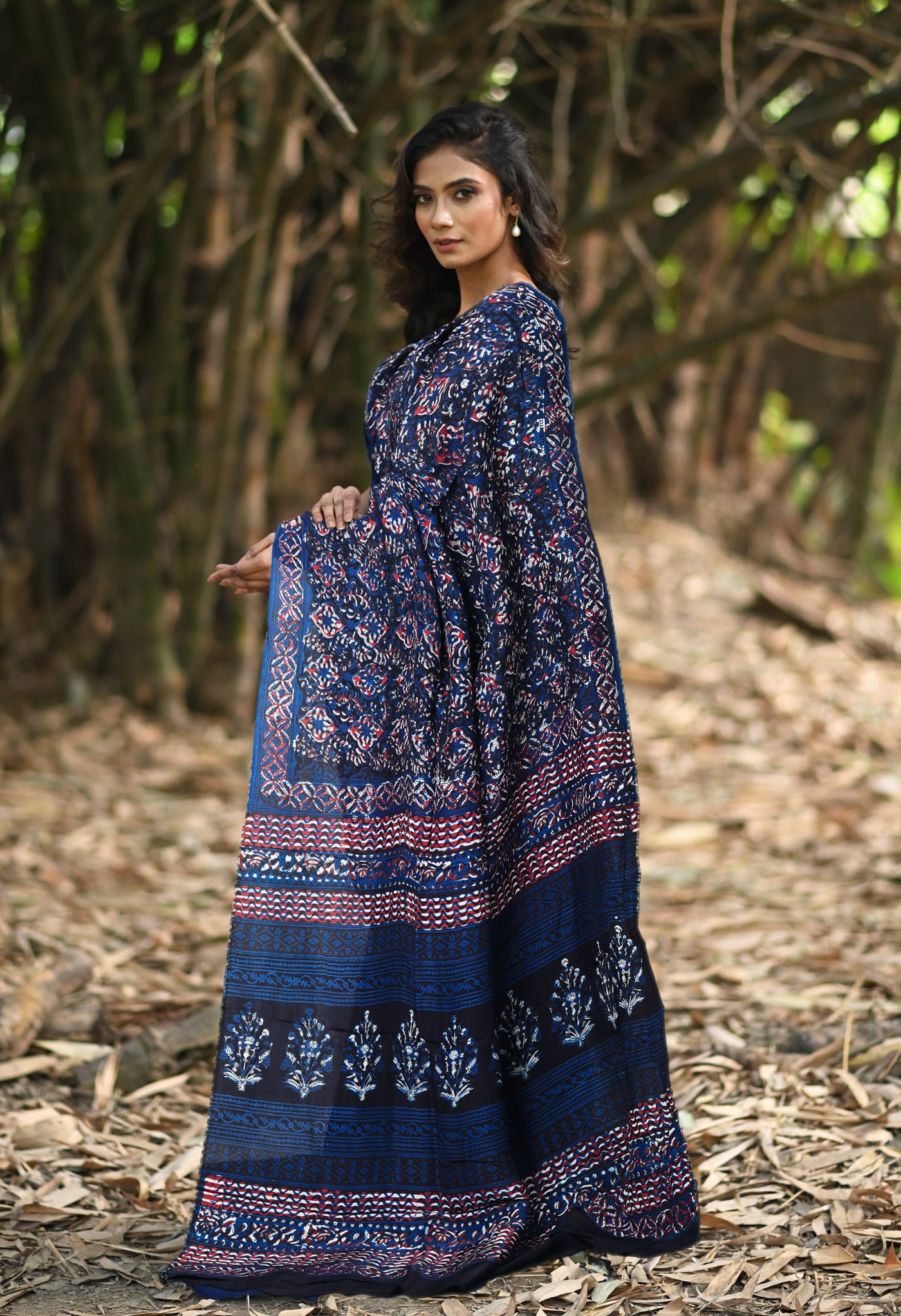 Blue-Black Pure Ajrakh Printed Uppada Soft Silk Saree-UNM82313