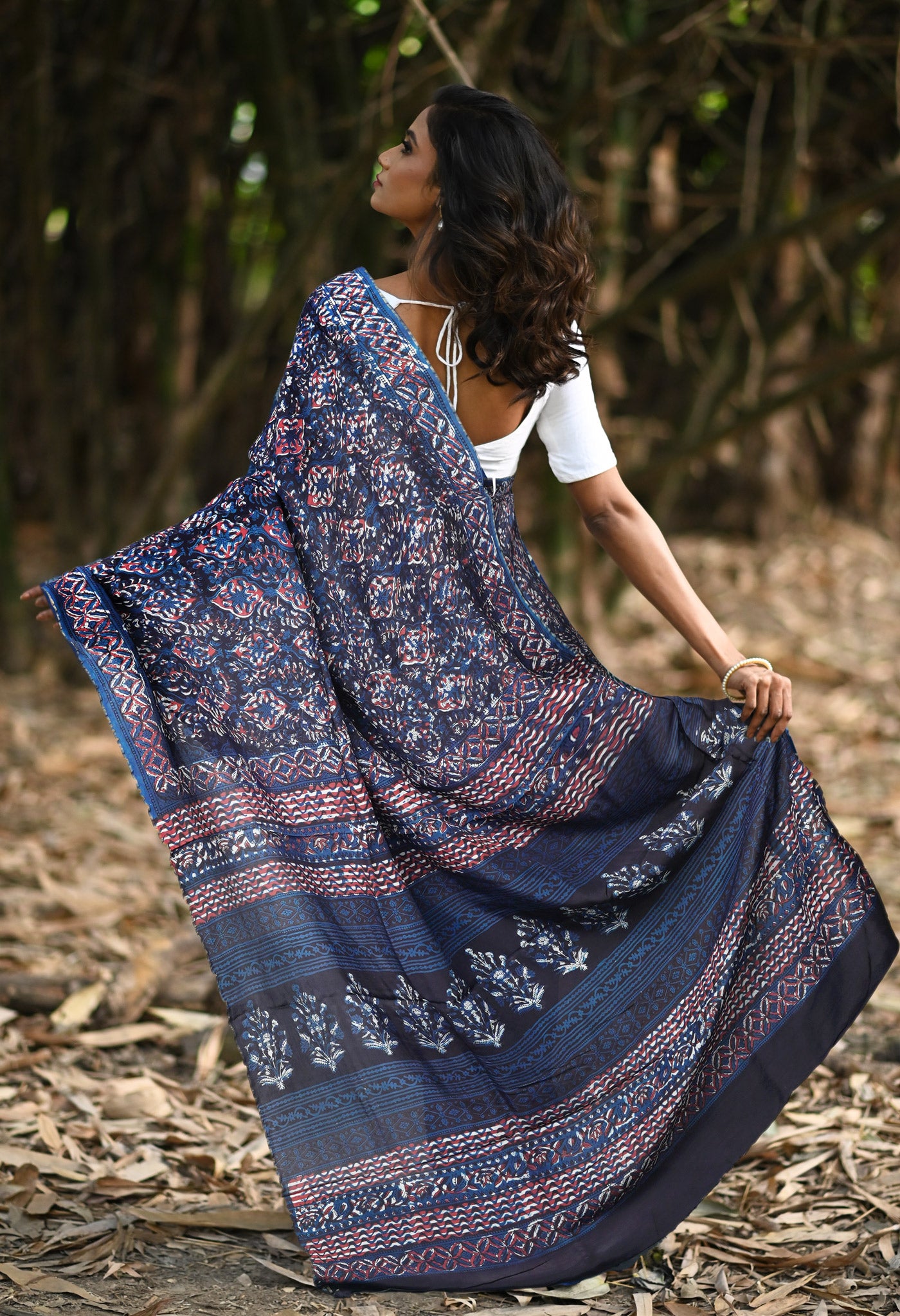 Blue-Black Pure Ajrakh Printed Uppada Soft Silk Saree-UNM82313