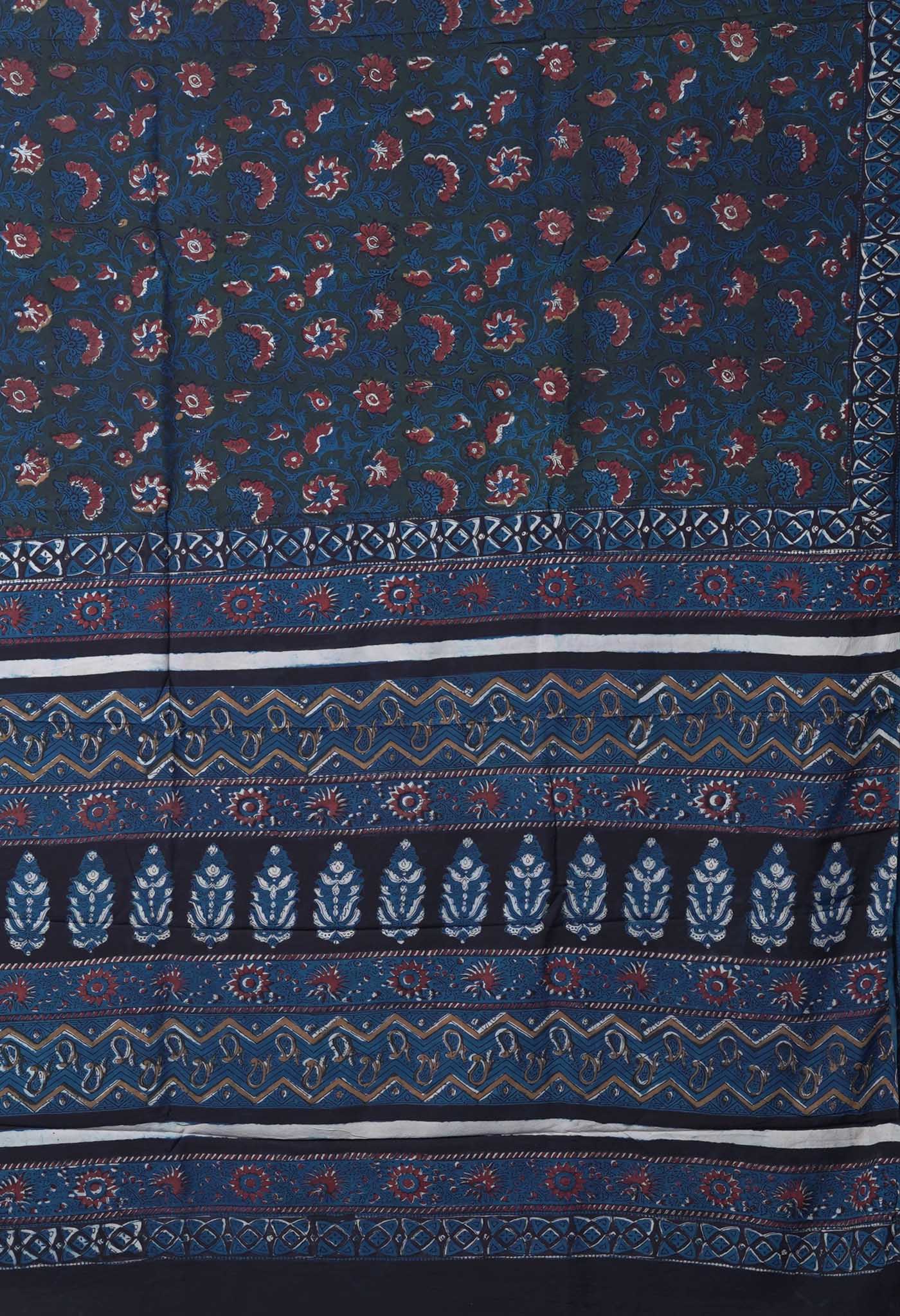 Dark Green-Blue Pure Ajrakh Printed Cotton Saree-UNM82317
