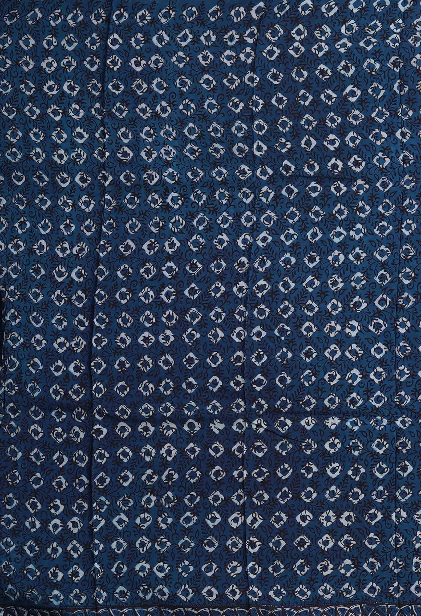 Dark Green-Blue Pure Ajrakh Printed Cotton Saree-UNM82317