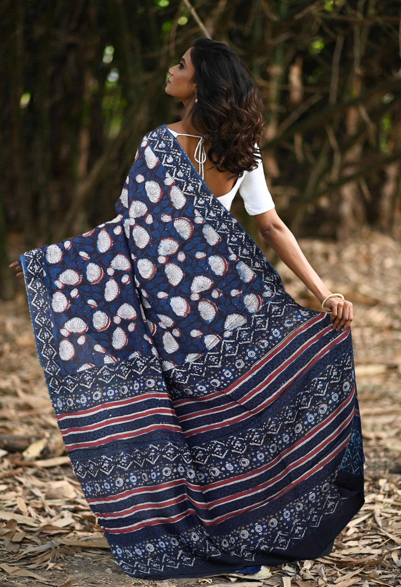 Black-Blue Pure Ajrakh Printed Uppada Soft Silk Saree-UNM82320