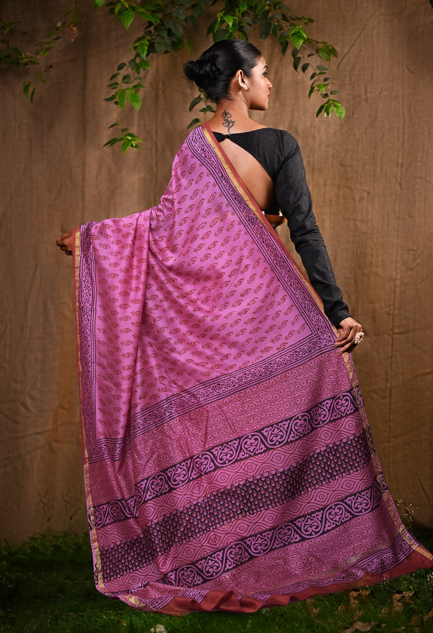 Pink Pure Bagru Block Printed Chanderi Sico Saree-UNM82640