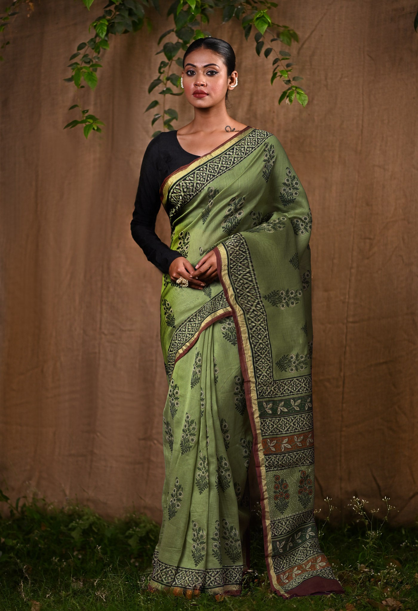Green Pure Bagru Block Printed Chanderi Sico Saree-UNM82686