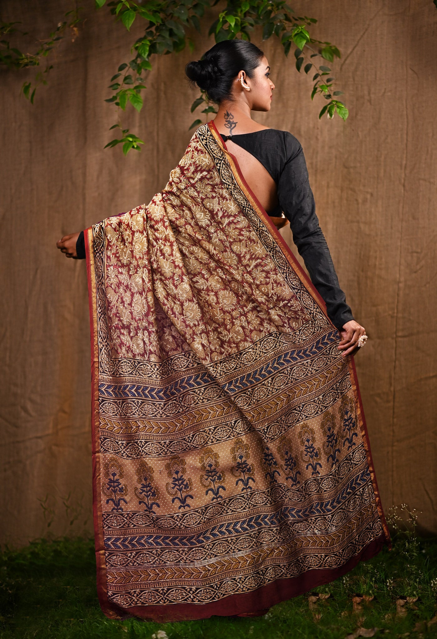 Maroon Pure Bagru Block Printed Chanderi Sico Saree-UNM82710