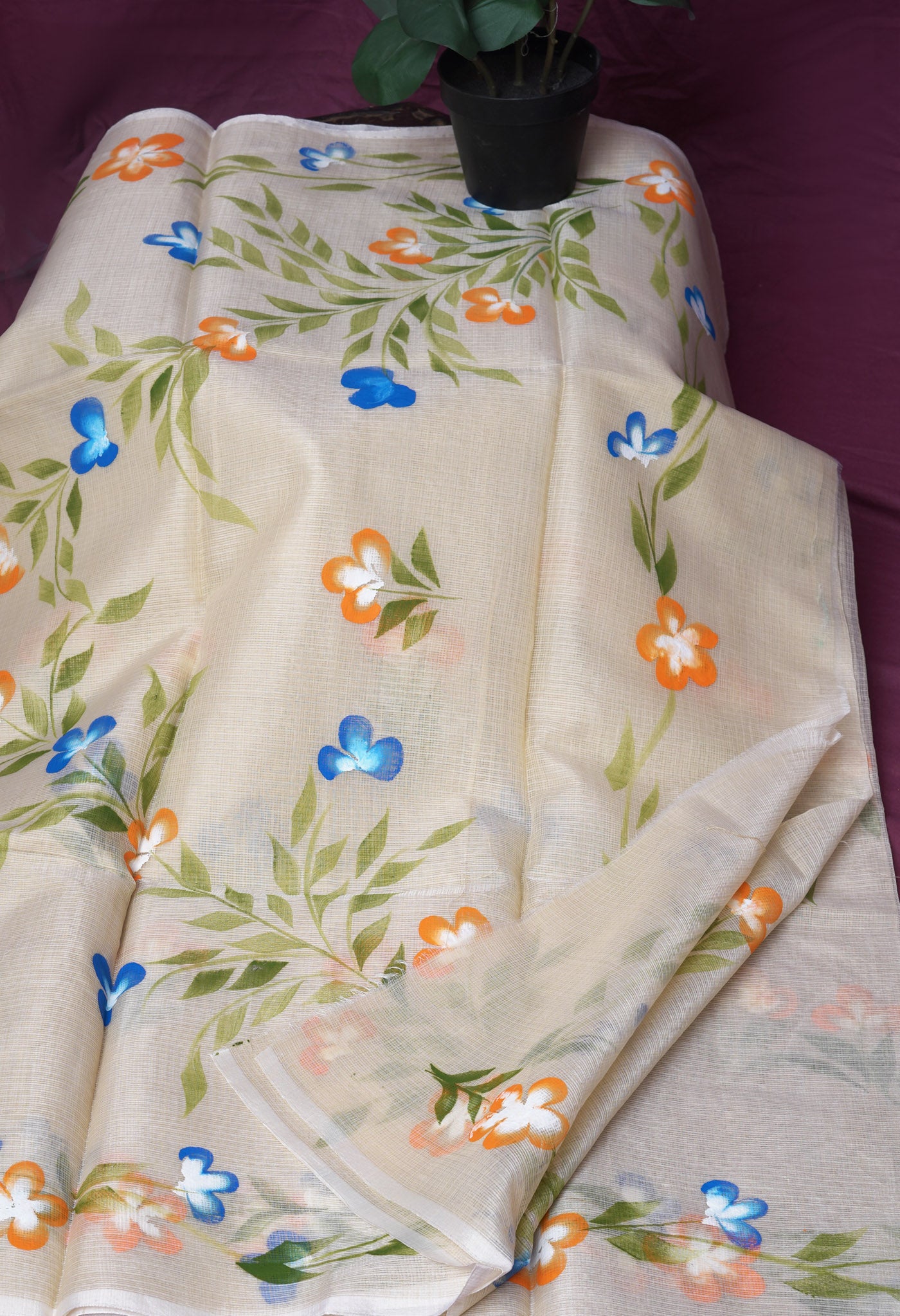 Cream Pure Hand Painted Doria Kota Saree-UNM83067