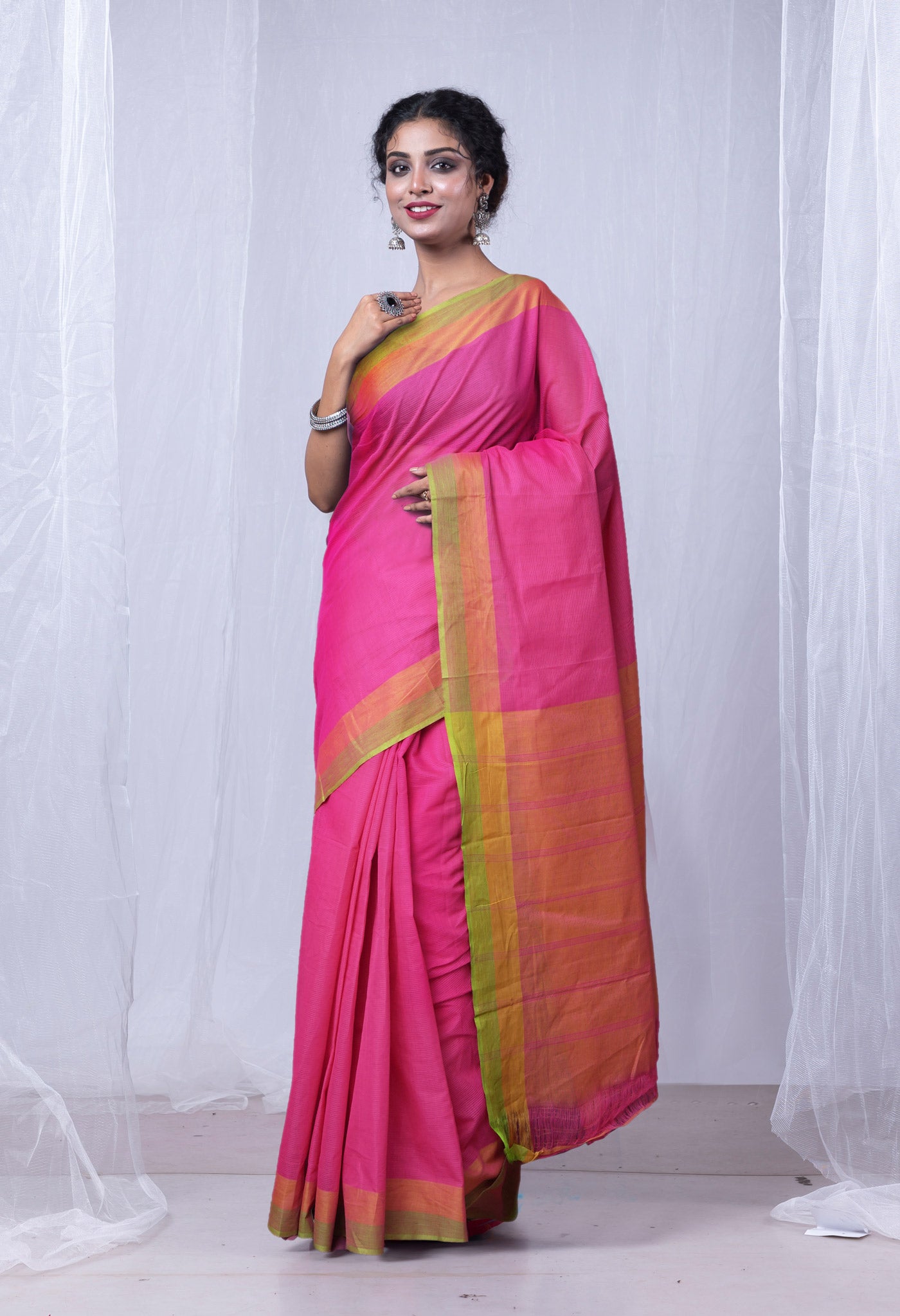 Pink-Orange Pure Plain Pavani Mangalgiri Cotton Saree-UNM83126