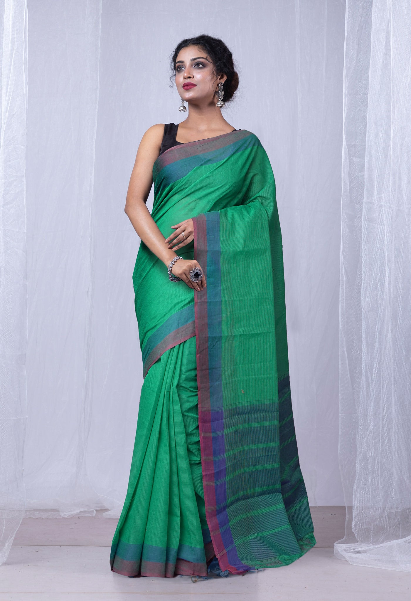 Green-Pink Pure Plain Pavani Mangalgiri Cotton Saree-UNM83127