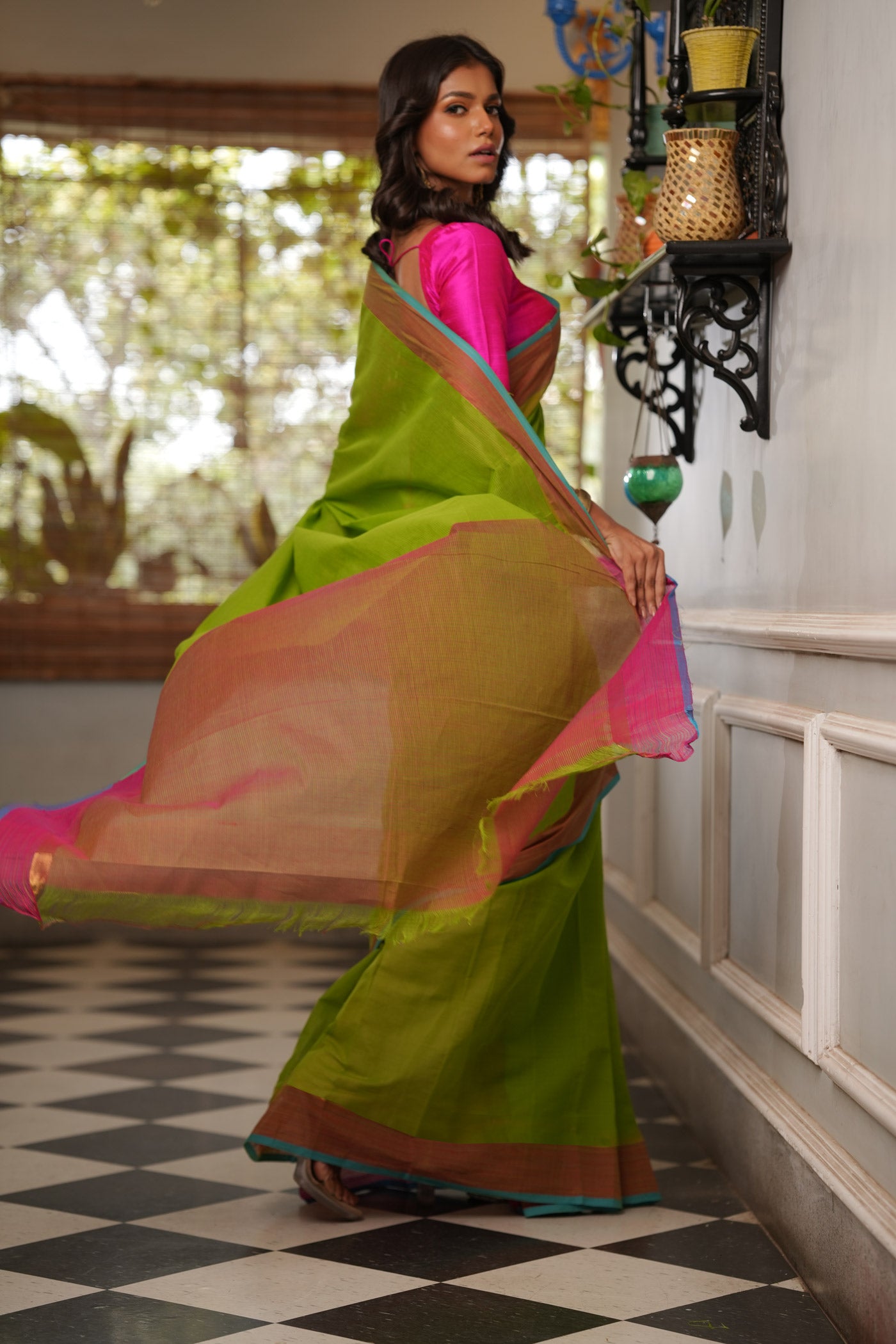 Green-Pink Pure Plain Pavani Mangalgiri Cotton Saree-UNM83129