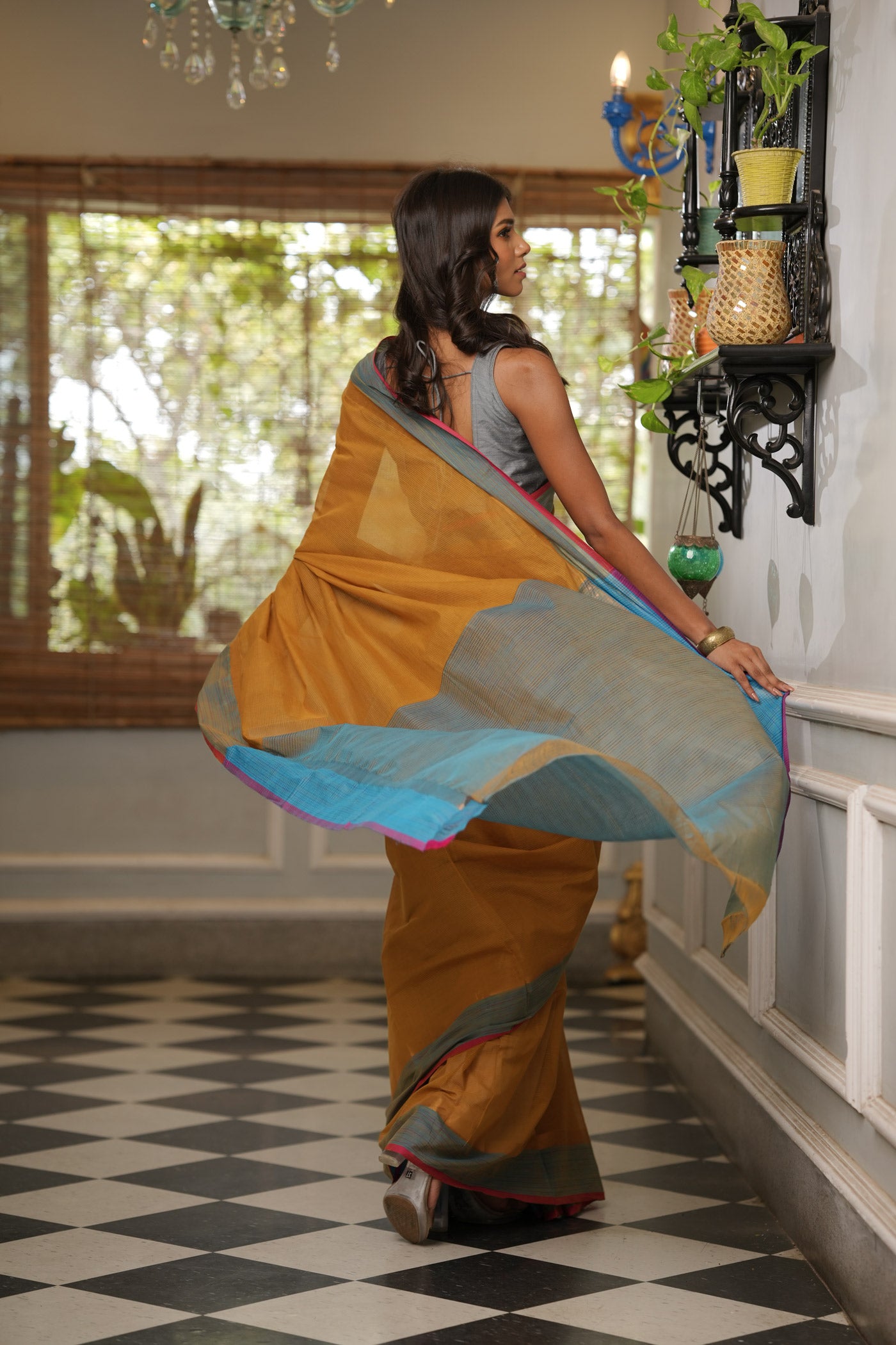 Mustard Brown-Blue Pure Plain Pavani Mangalgiri Cotton Saree-UNM83130