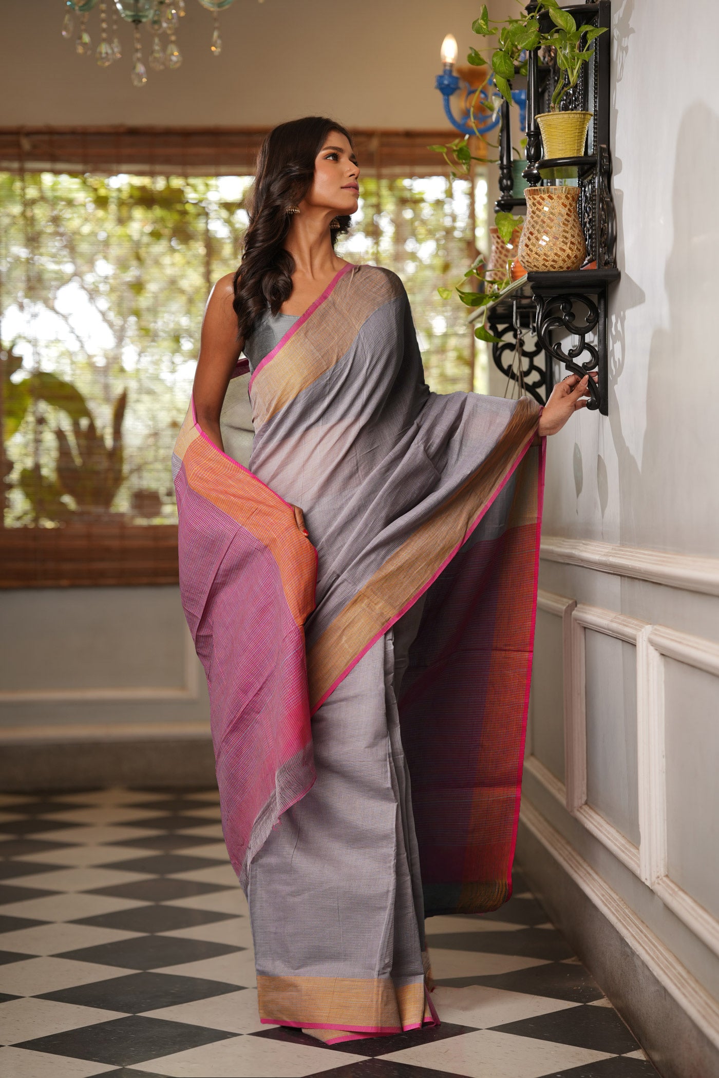 Grey-Pink Pure Plain Pavani Mangalgiri Cotton Saree-UNM83131