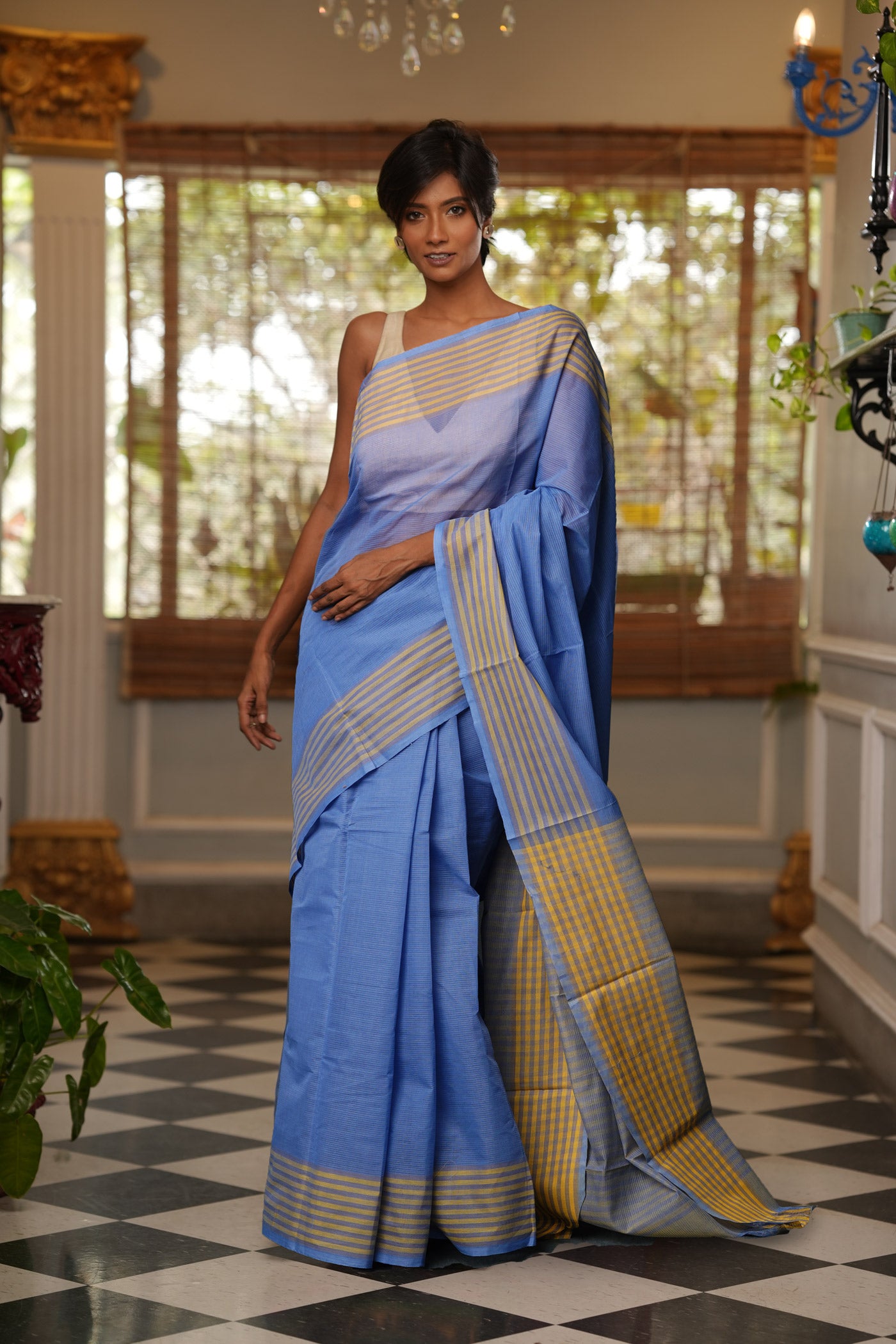 Blue Pure Plain Pavani Mangalgiri Cotton Saree-UNM83133
