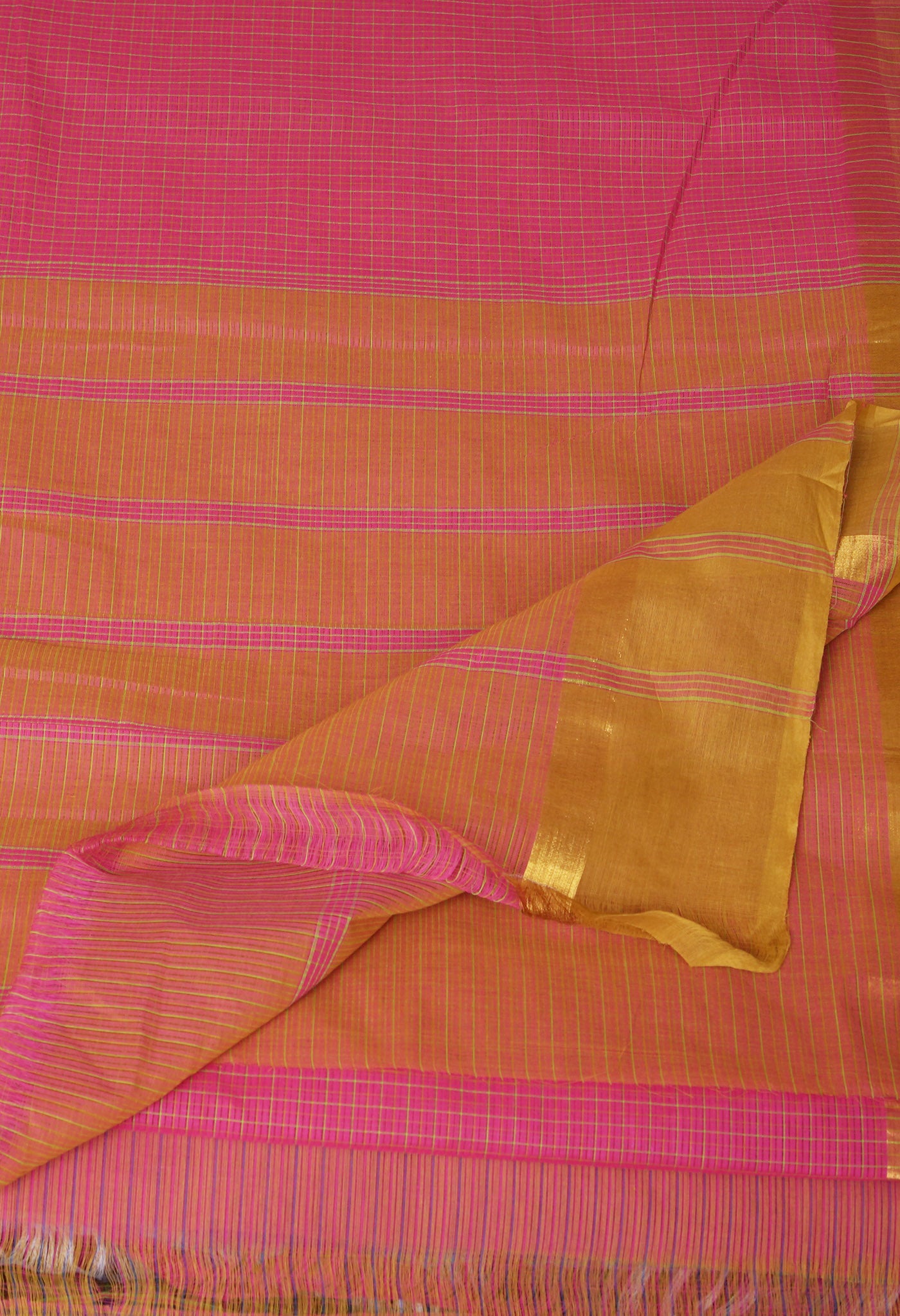 Pink-Green Pure Woven Checks Pavani Mangalgiri Cotton Saree-UNM83137