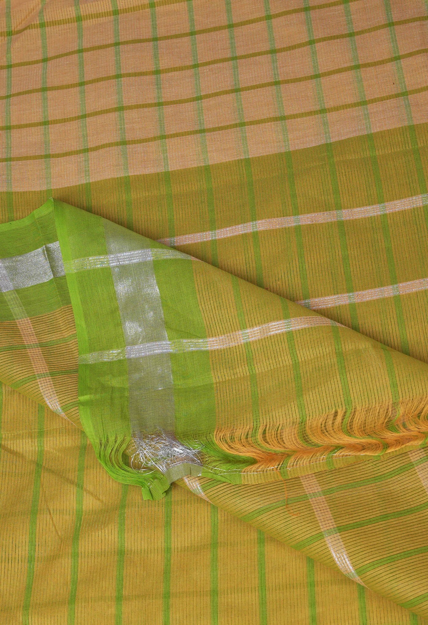 Orange-Green Pure Woven Checks Pavani Mangalgiri Cotton Saree-UNM83140