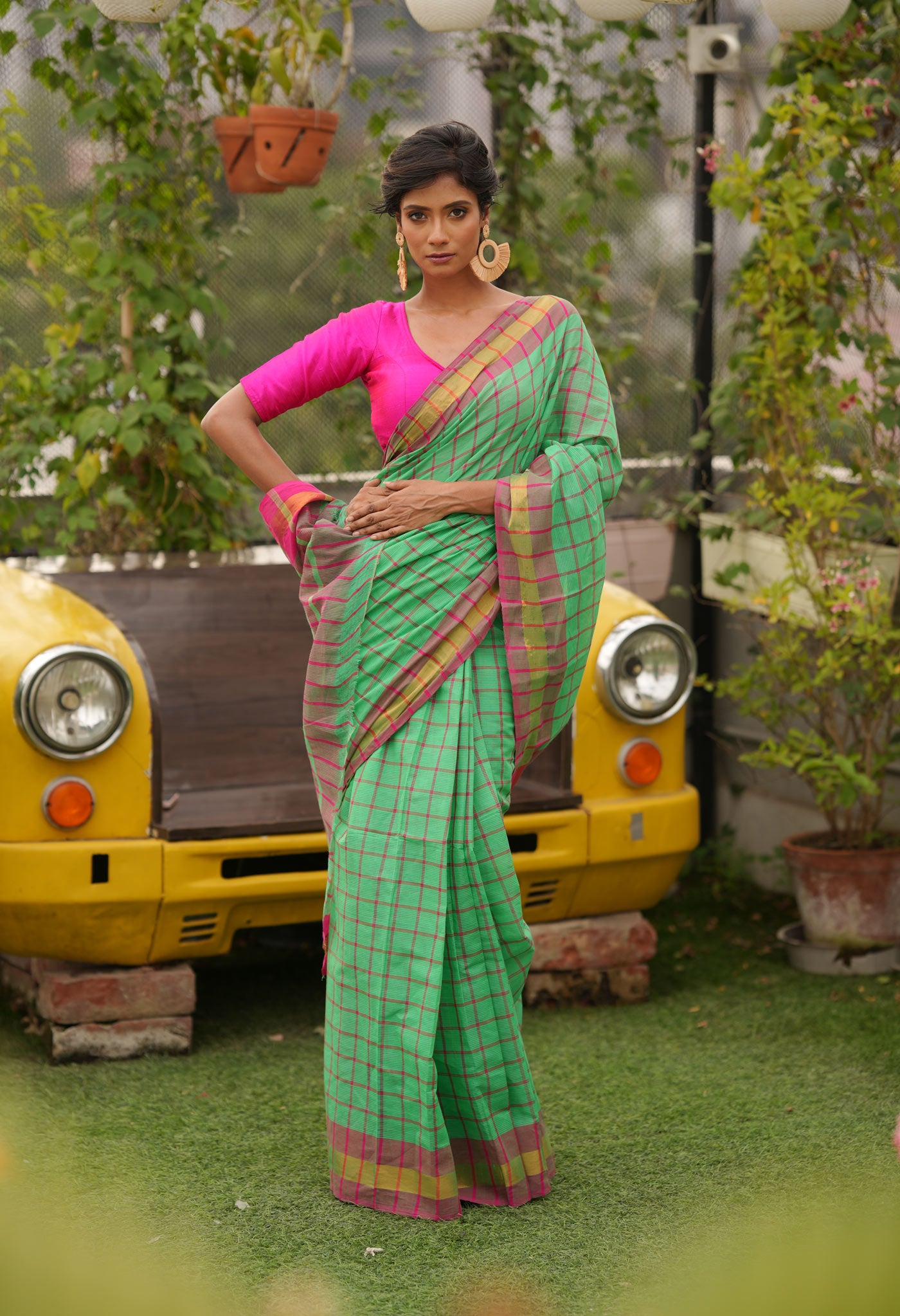 Green-Pink Pure Woven Checks Pavani Mangalgiri Cotton Saree-UNM83141