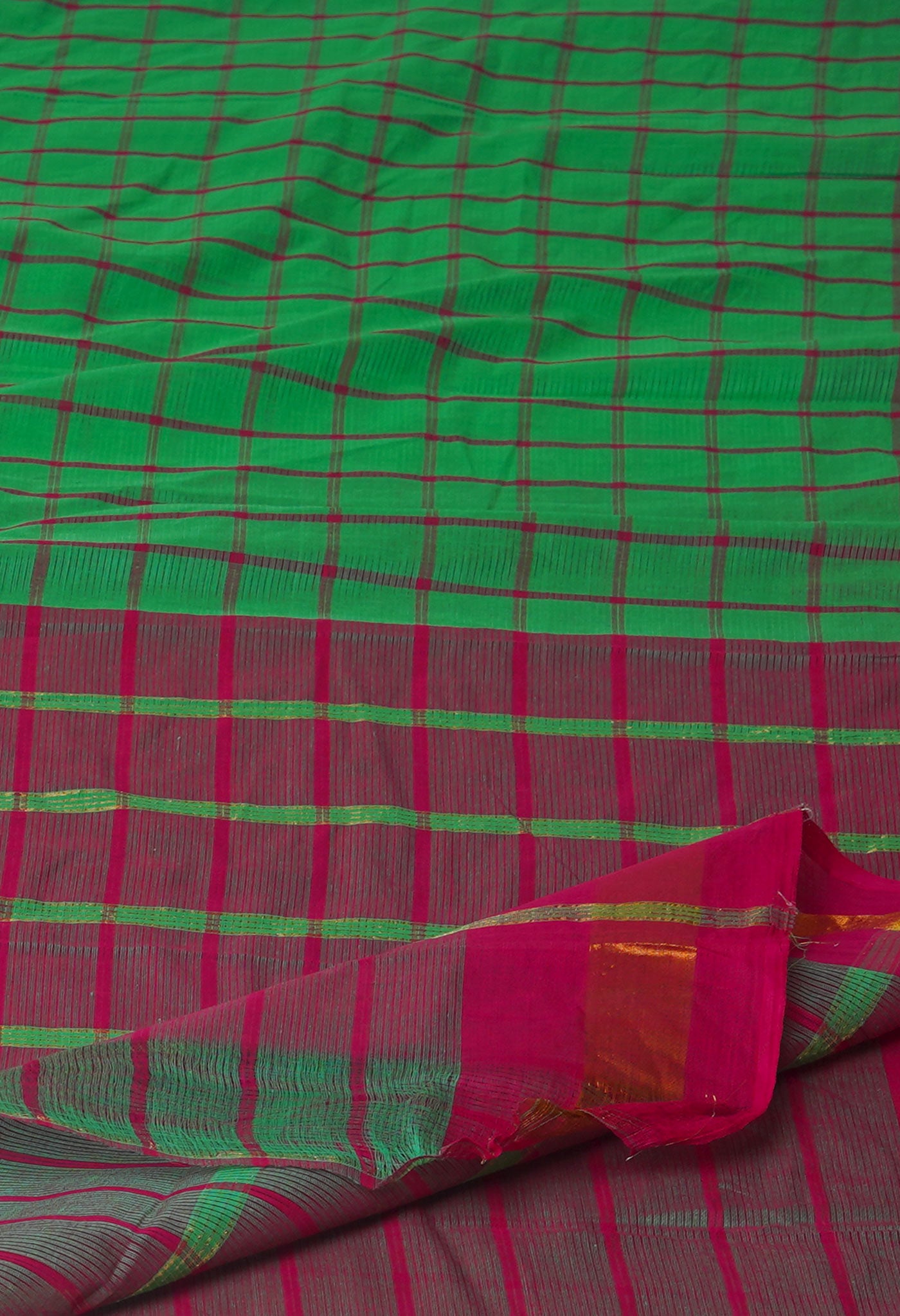 Green-Pink Pure Woven Checks Pavani Mangalgiri Cotton Saree-UNM83141