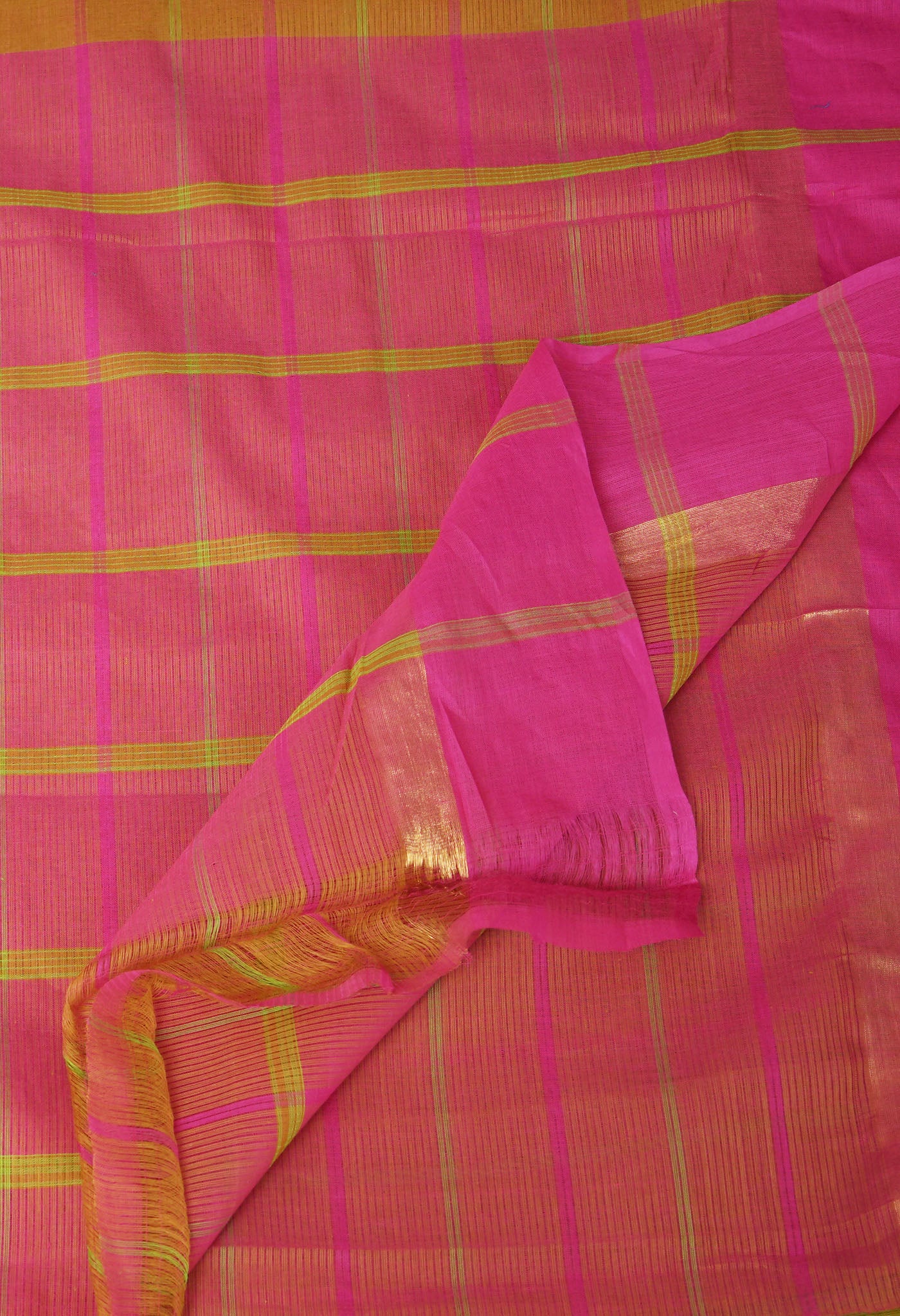 Mustard Brown-Pink Pure Woven Checks Pavani Mangalgiri Cotton Saree-UNM83142
