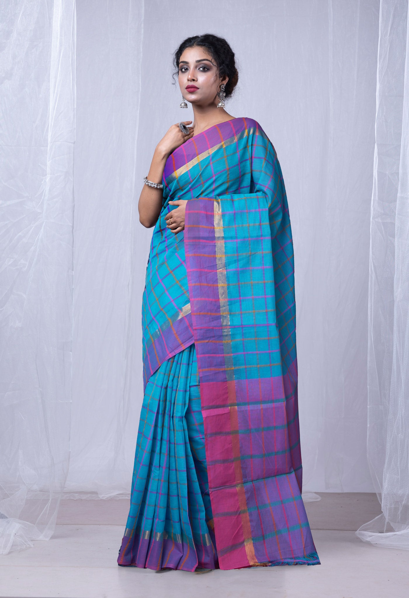 Blue-Pink Pure Woven Checks Pavani Mangalgiri Cotton Saree-UNM83143