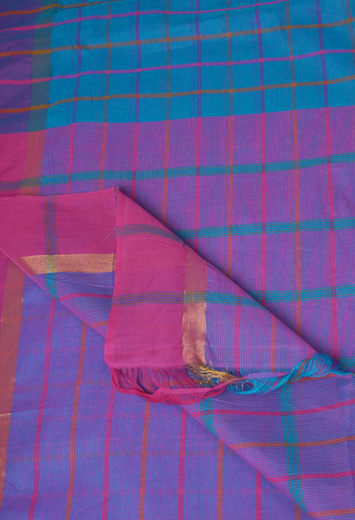 Blue-Pink Pure Woven Checks Pavani Mangalgiri Cotton Saree-UNM83143
