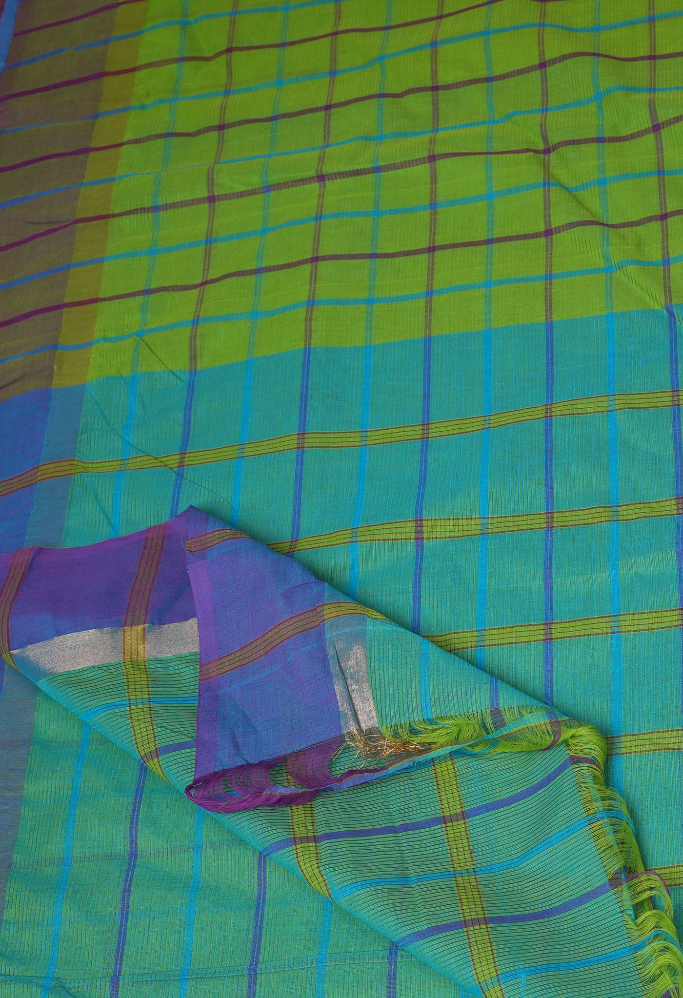 Green-Blue Pure Woven Checks Pavani Mangalgiri Cotton Saree-UNM83144