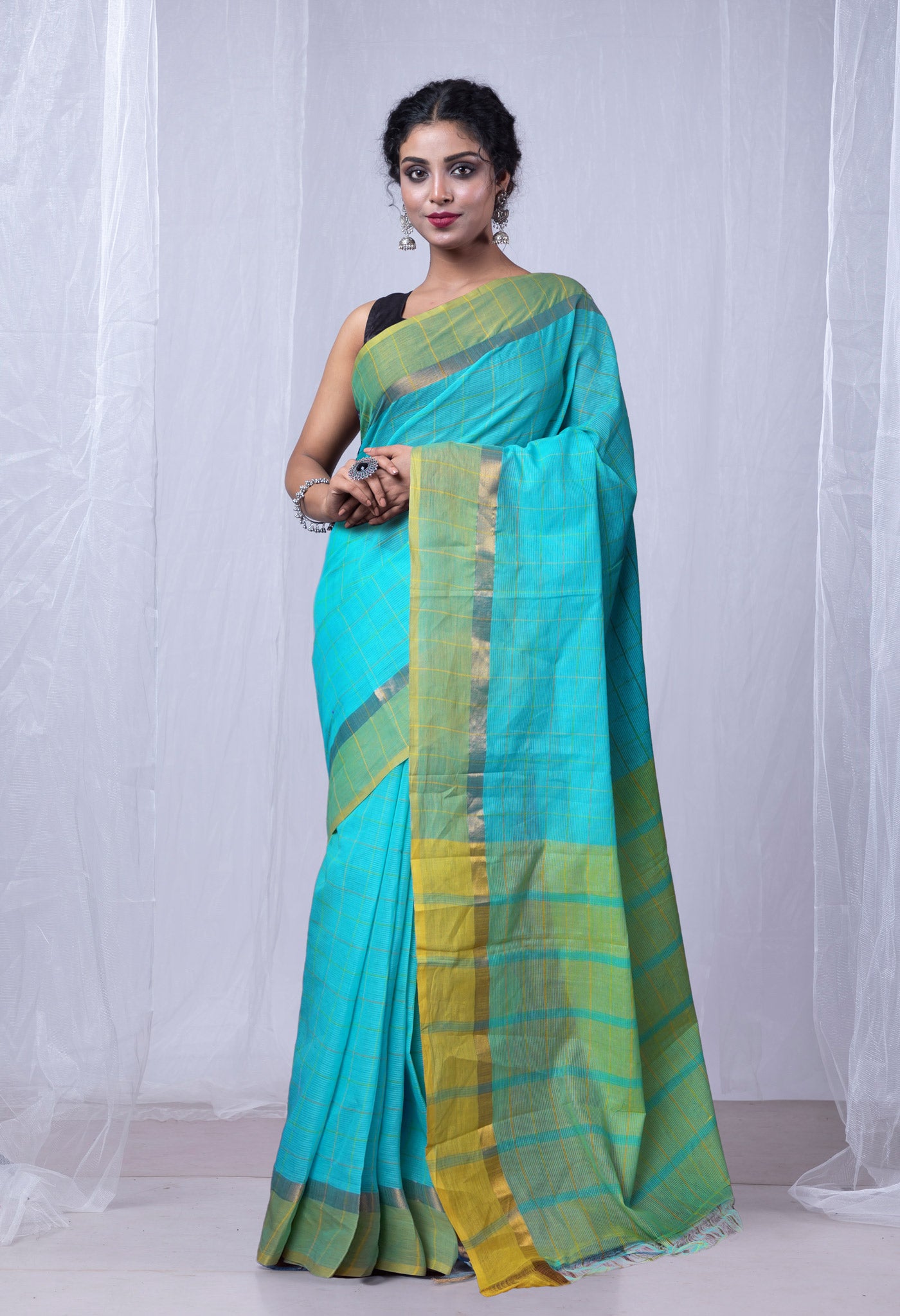Blue-Yellow Pure Woven Checks Pavani Mangalgiri Cotton Saree-UNM83147