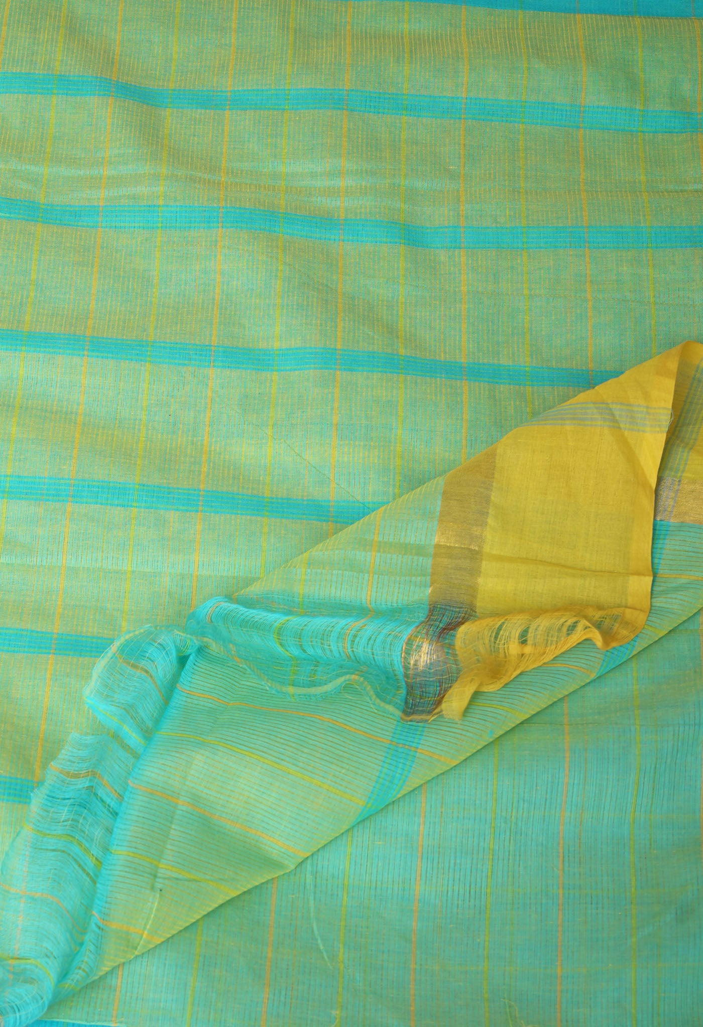 Blue-Yellow Pure Woven Checks Pavani Mangalgiri Cotton Saree-UNM83147