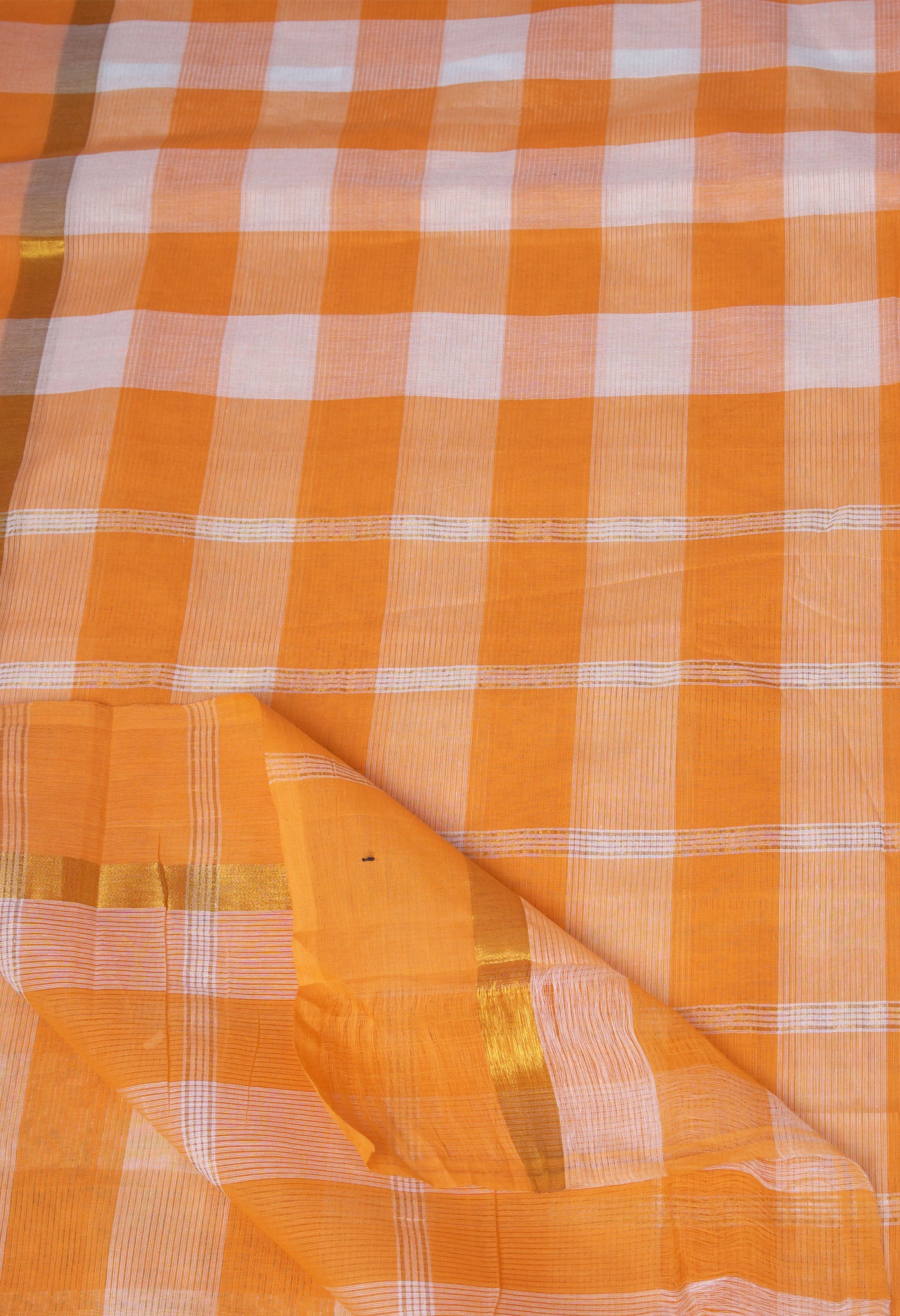 Orange-White Pure Woven Checks Pavani Mangalgiri Cotton Saree-UNM83149