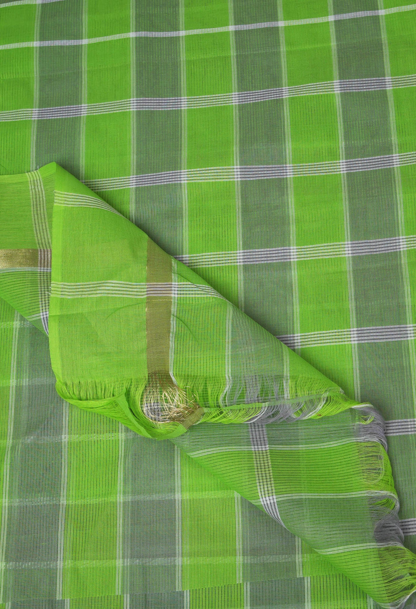 Green-Grey Pure Woven Checks Pavani Mangalgiri Cotton Saree-UNM83152