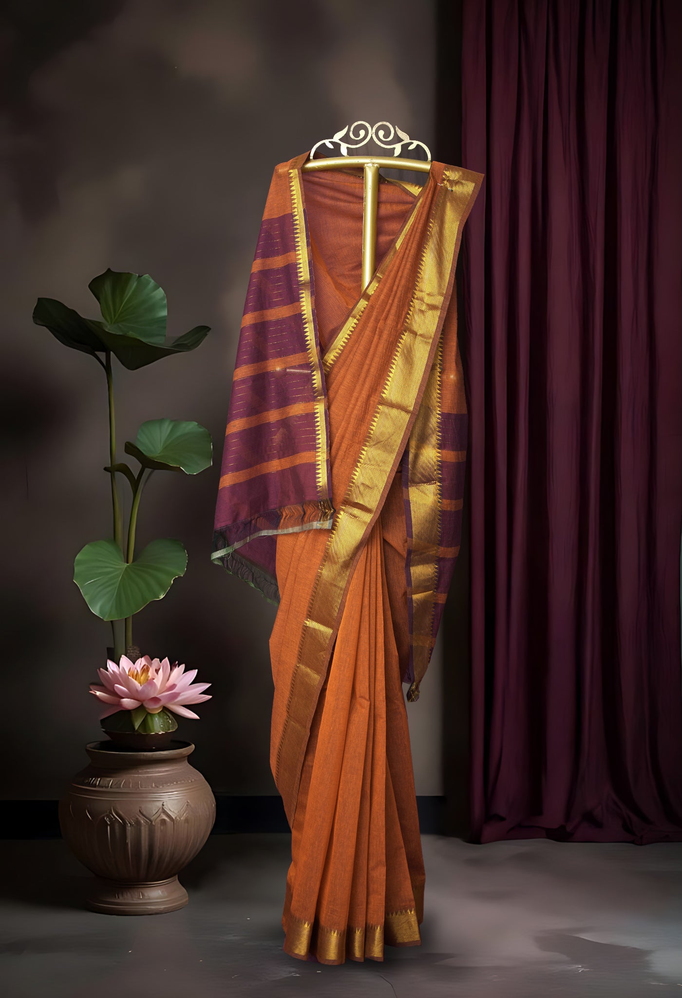 Orange Pure Plain Pavani Mangalgiri Cotton Saree-UNM83186