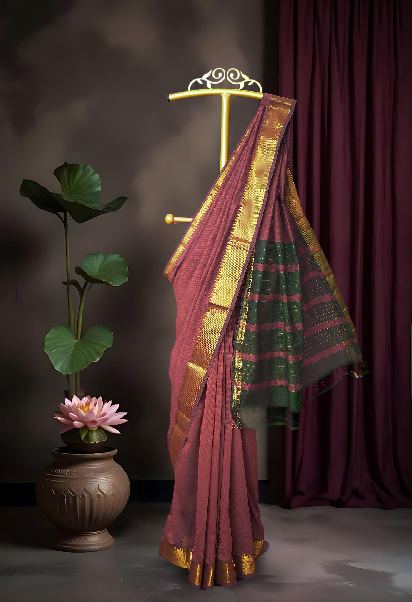 Taupe Brown Pure Plain Pavani Mangalgiri Cotton Saree-UNM83189