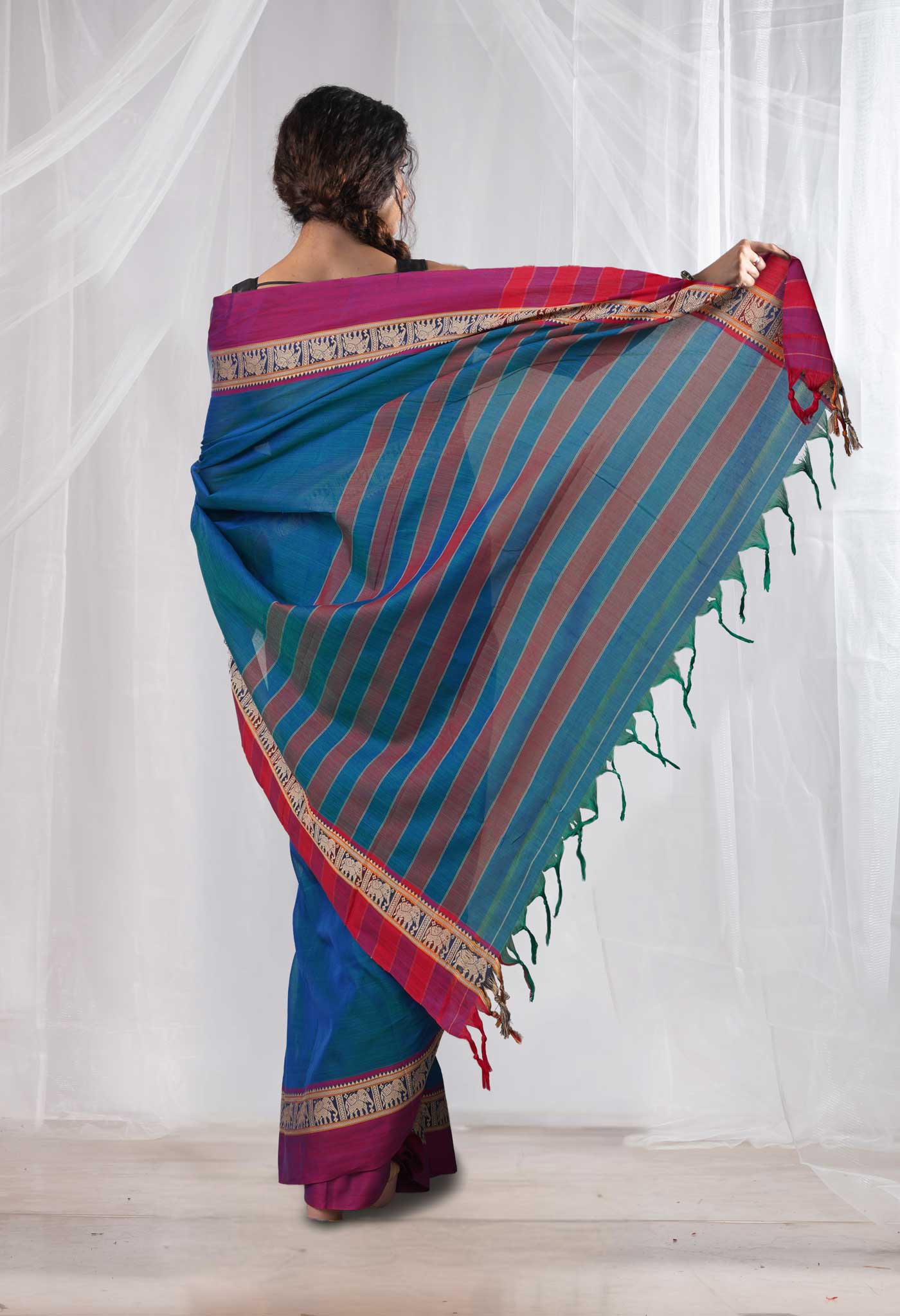Peacock Blue Pure Handloom Narayani Cotton Saree-UNM78353
