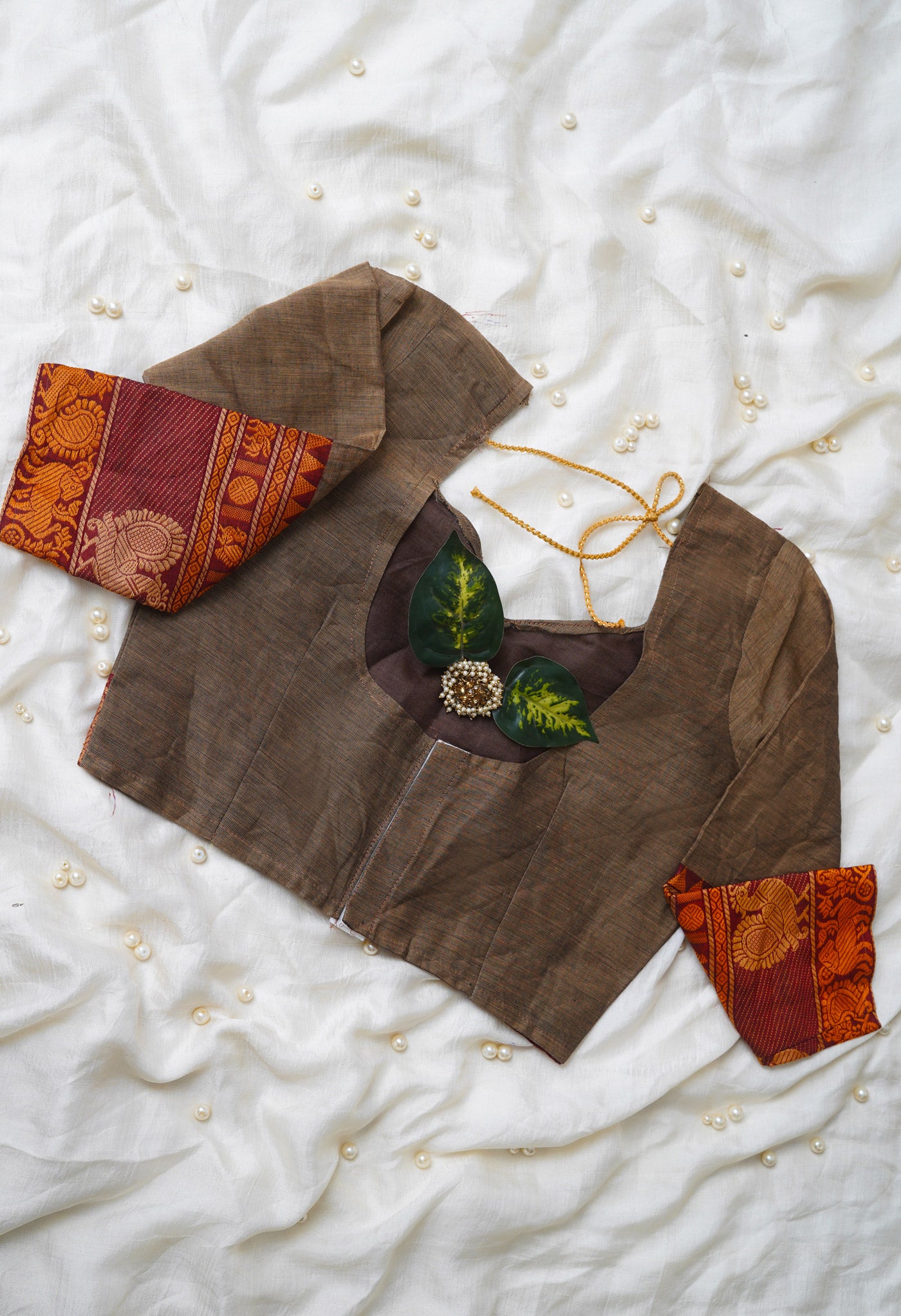 Ecru Brown Pure Handloom Pavani Chettinad Cotton Readymade Blouse (32 Size +1inch Margin)–PKB410